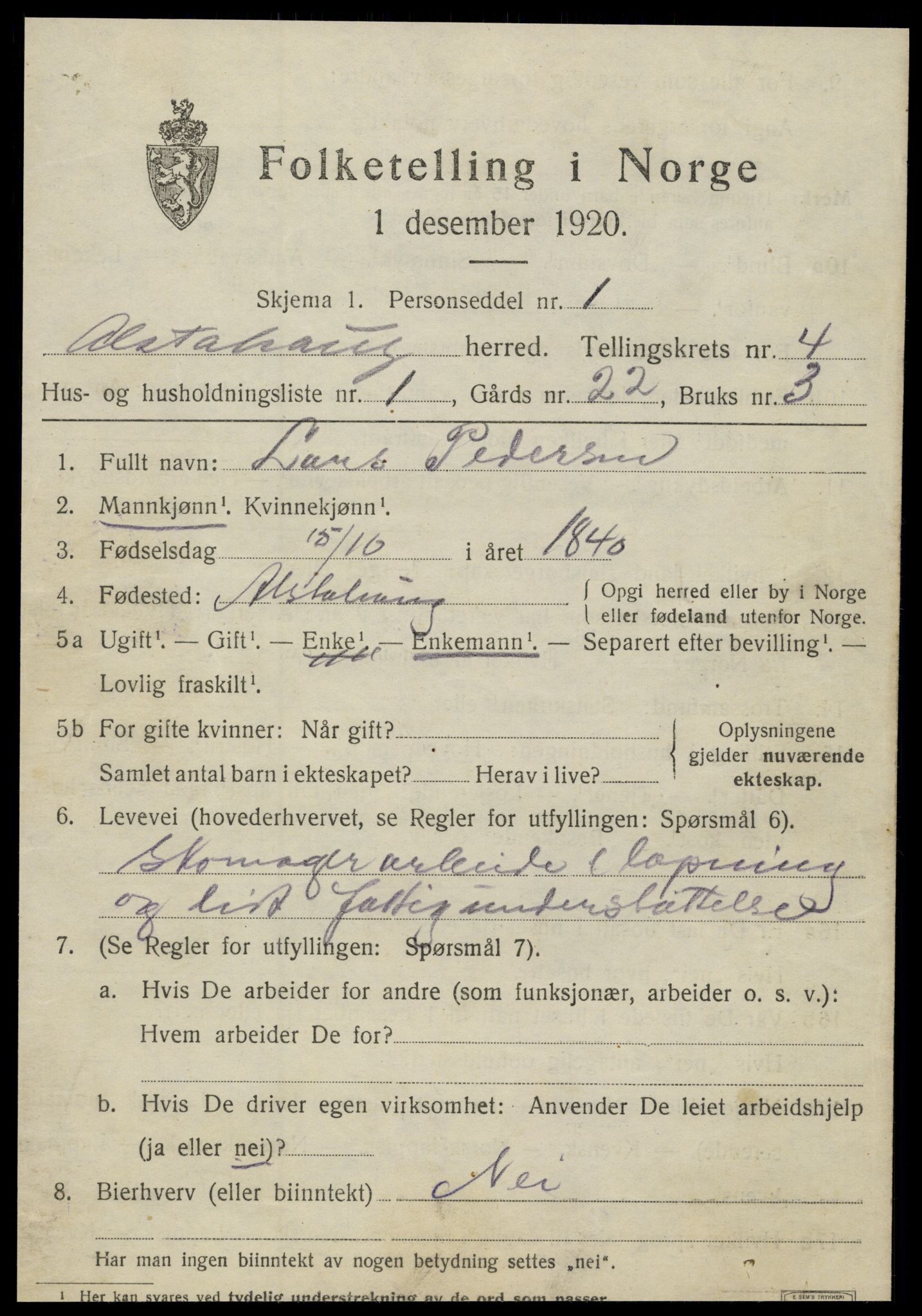 SAT, 1920 census for Alstahaug, 1920, p. 1901