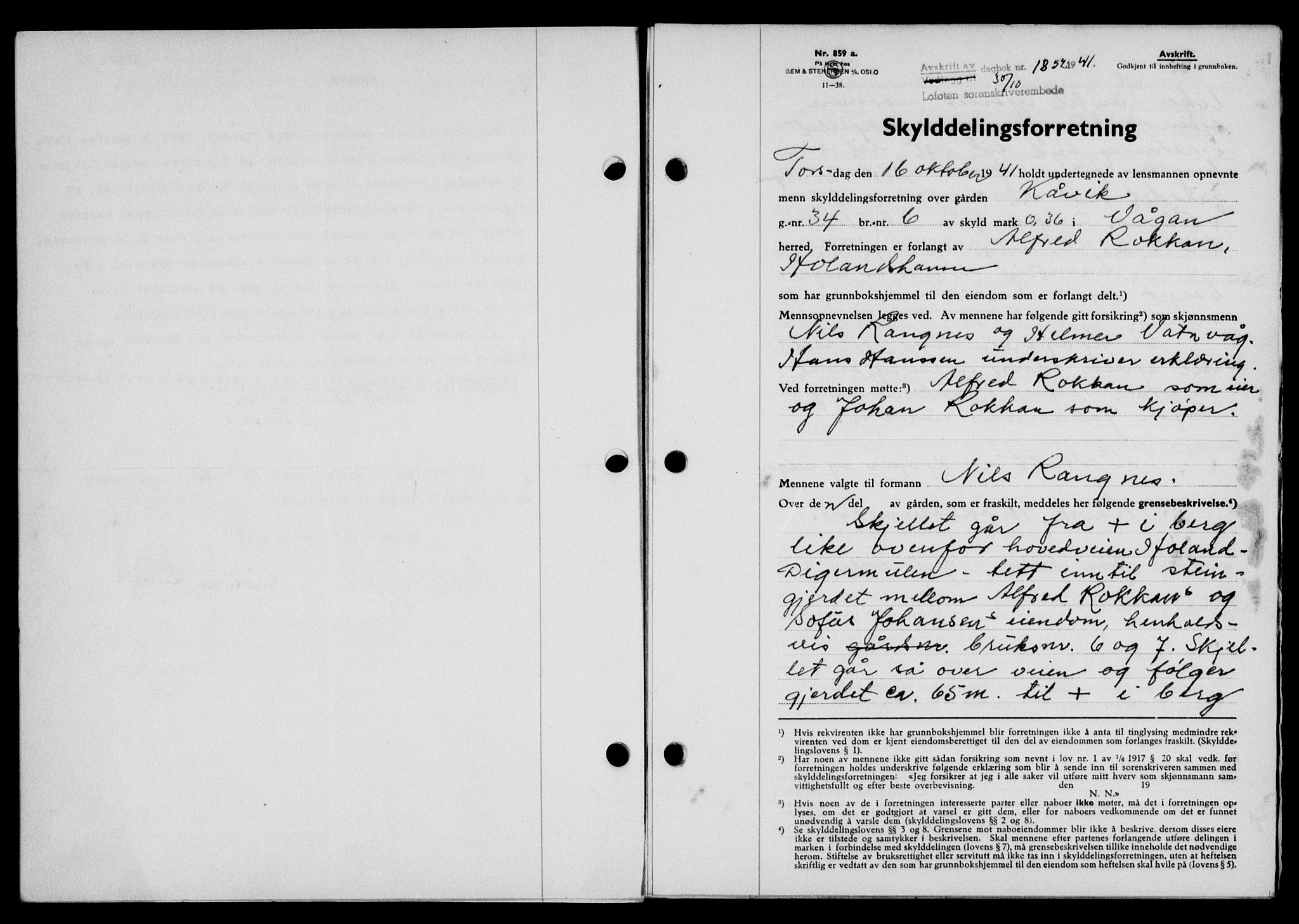 Lofoten sorenskriveri, SAT/A-0017/1/2/2C/L0009a: Mortgage book no. 9a, 1941-1942, Diary no: : 1852/1941