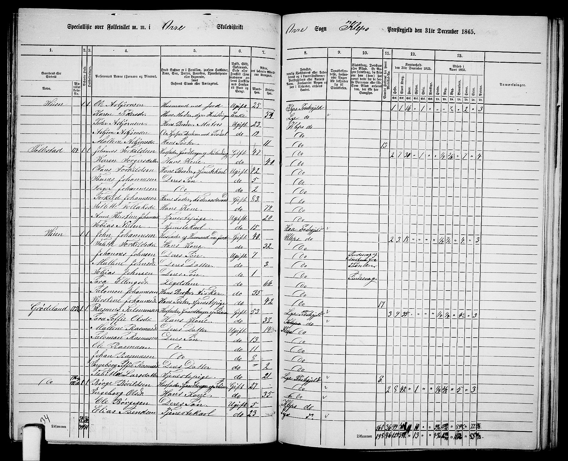 RA, 1865 census for Klepp, 1865, p. 63