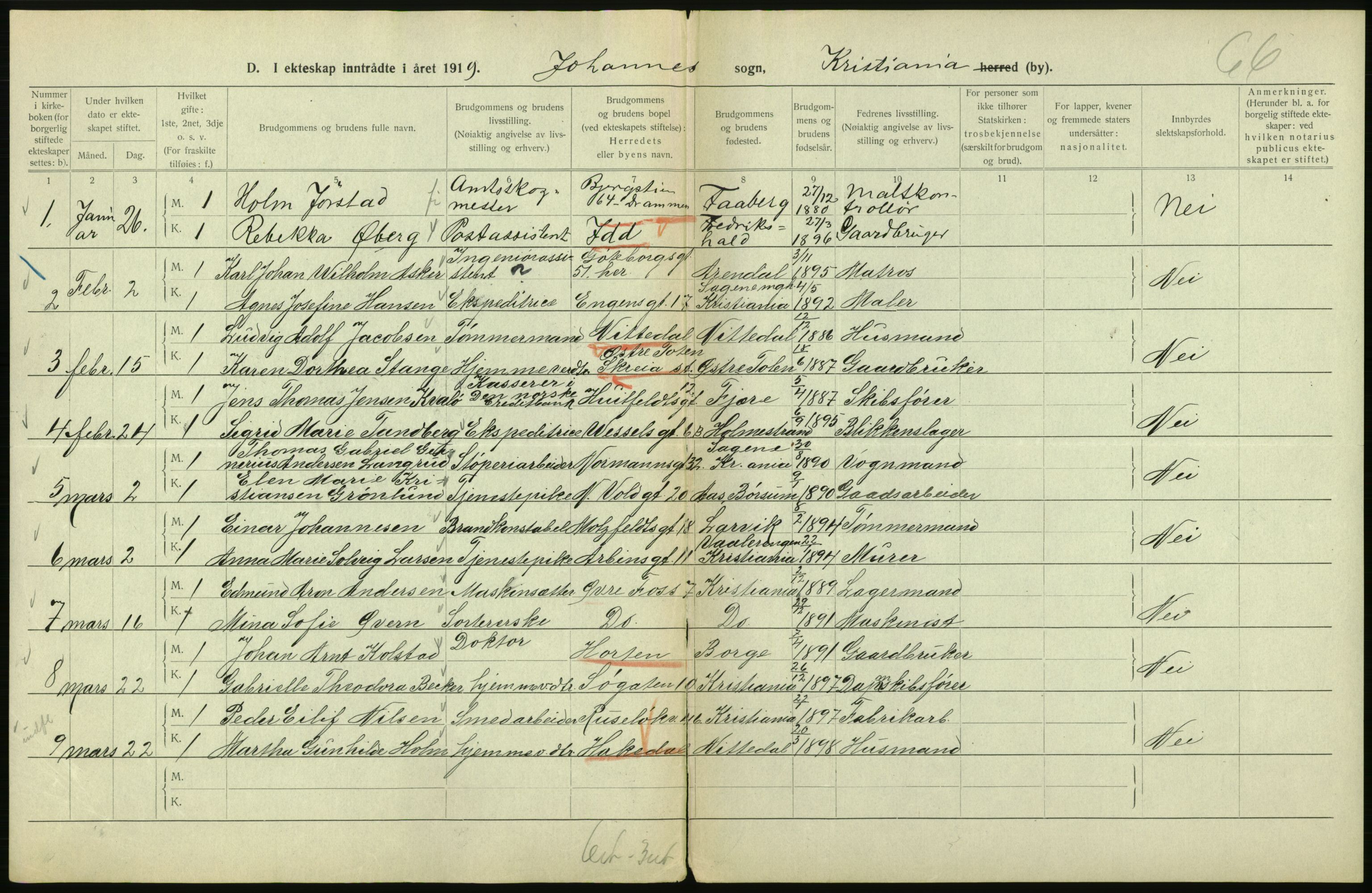 Statistisk sentralbyrå, Sosiodemografiske emner, Befolkning, AV/RA-S-2228/D/Df/Dfb/Dfbi/L0009: Kristiania: Gifte, 1919, p. 136