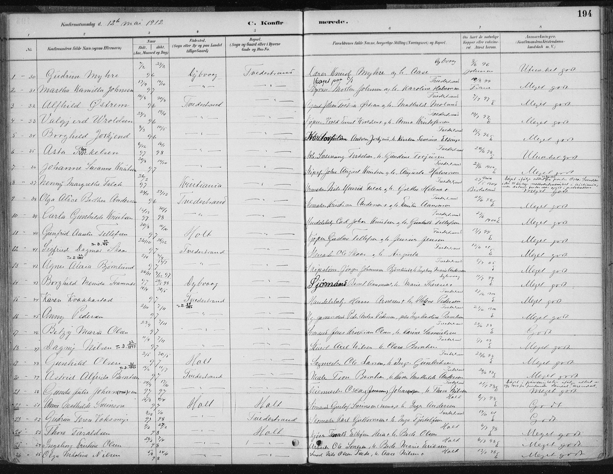 Tvedestrand sokneprestkontor, SAK/1111-0042/F/Fa/L0001: Parish register (official) no. A 1, 1885-1916, p. 194