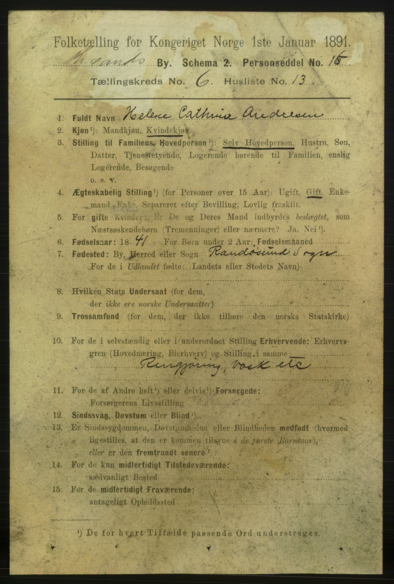 RA, 1891 census for 1001 Kristiansand, 1891, p. 4598