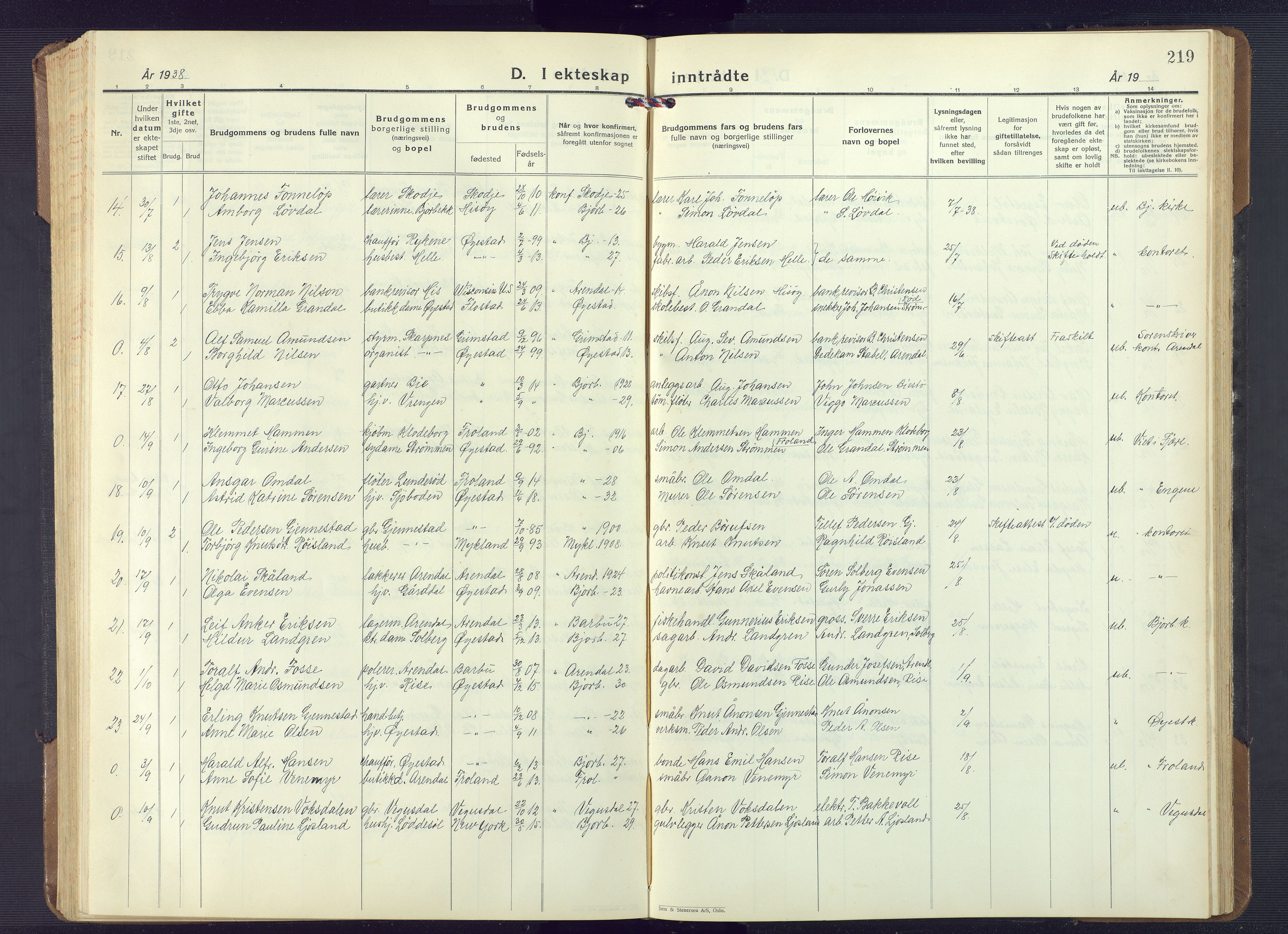 Øyestad sokneprestkontor, AV/SAK-1111-0049/F/Fb/L0013: Parish register (copy) no. B 13, 1933-1945, p. 219