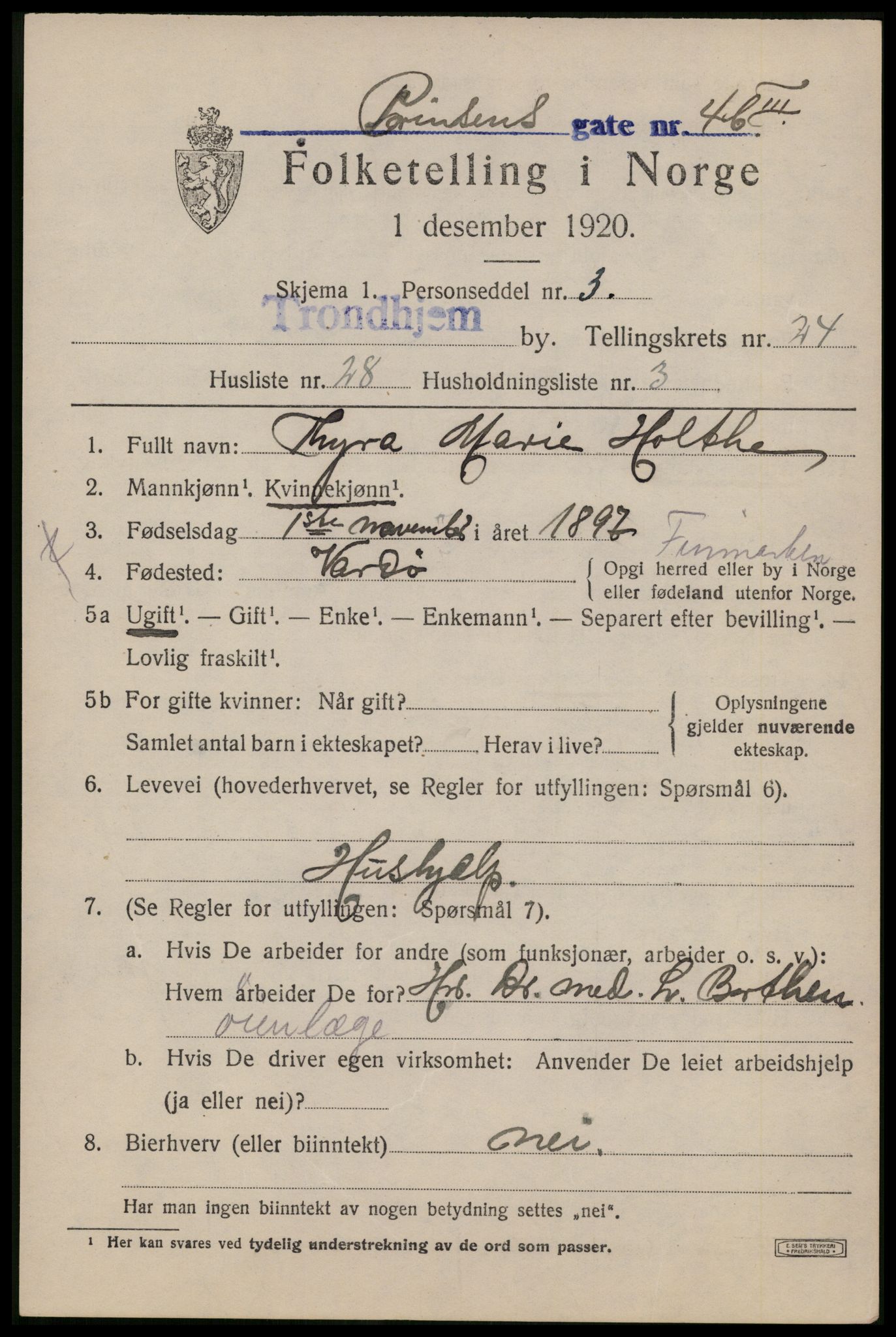 SAT, 1920 census for Trondheim, 1920, p. 66126