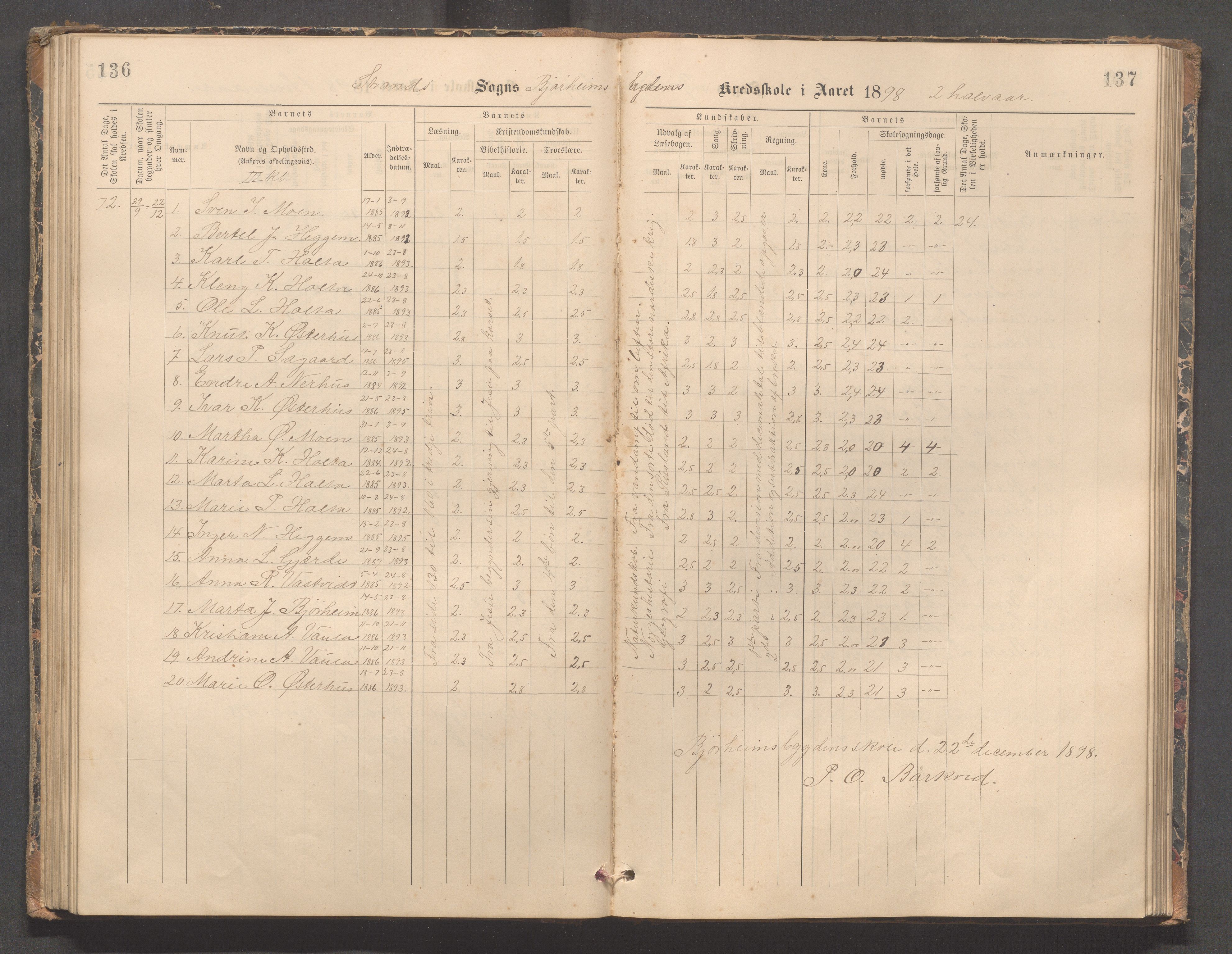 Strand kommune - Bjørheimsbygd skole, IKAR/A-147/H/L0002: Skoleprotokoll for Bjørheimsbygd og Lekvam krets, 1891-1907, p. 136-137