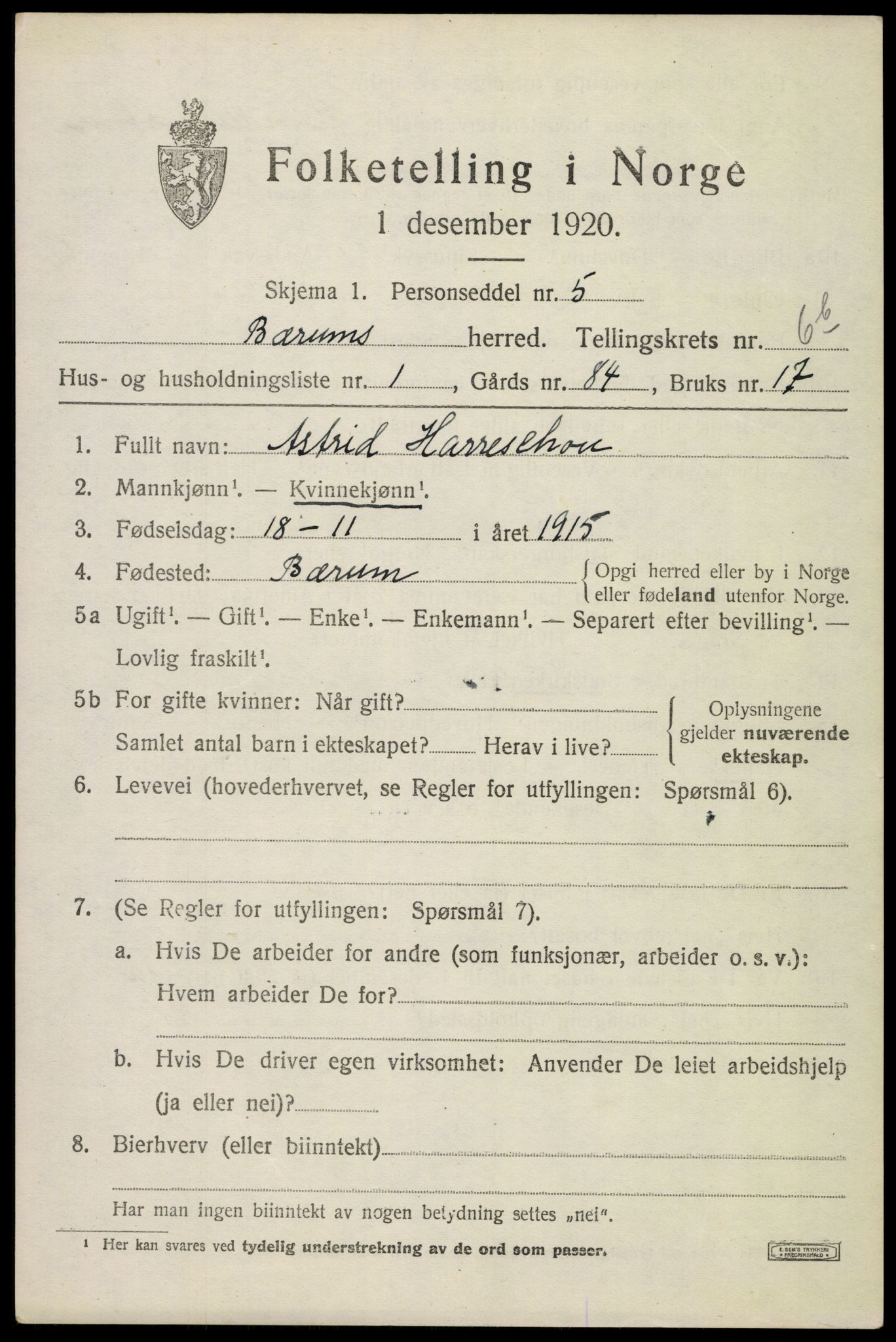 SAO, 1920 census for Bærum, 1920, p. 14000
