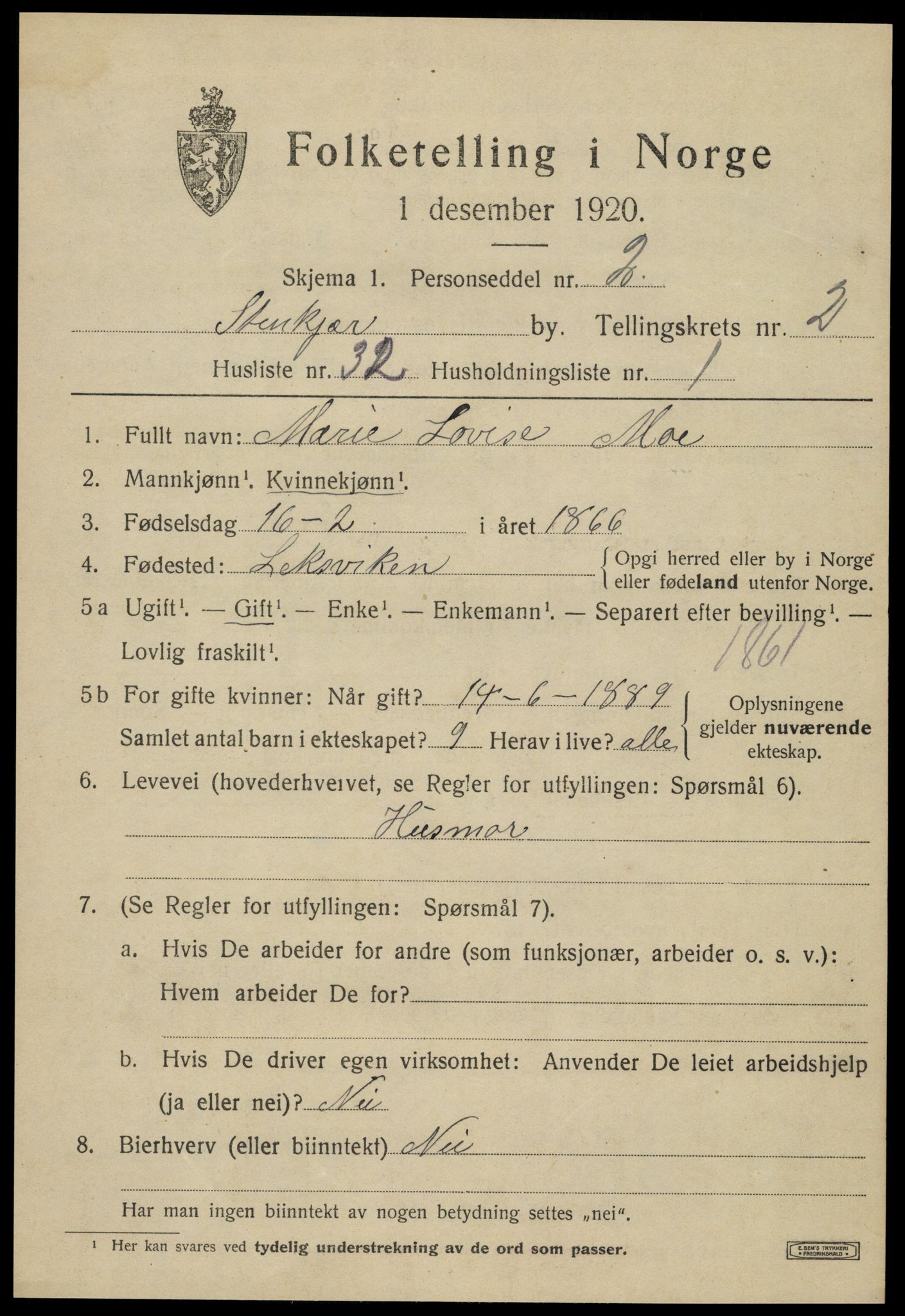 SAT, 1920 census for Steinkjer, 1920, p. 4854