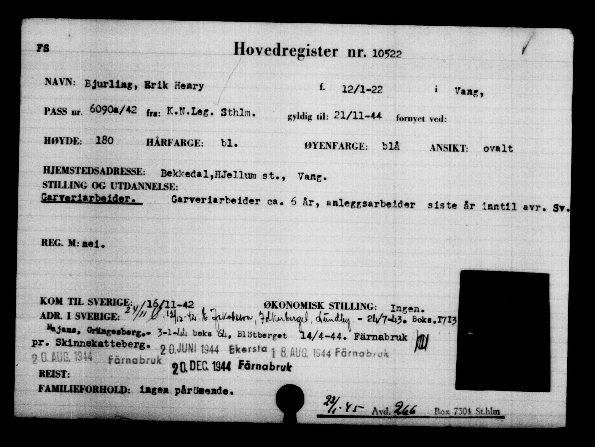 Utenriksstasjonene, Legasjonen i Stockholm, Flyktningkontoret, AV/RA-S-6753/V/Va/L0006: Kjesäterkartoteket, flyktninger med registreringsnr. 9400-12711, 1940-1945, p. 1295