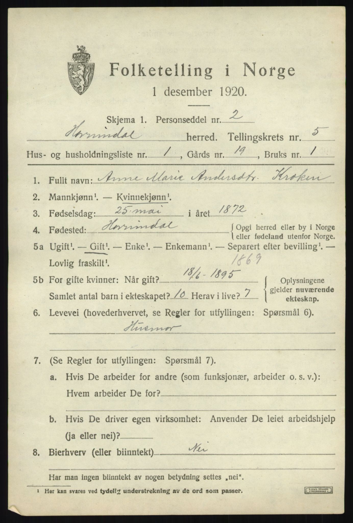 SAB, 1920 census for Hornindal, 1920, p. 2348