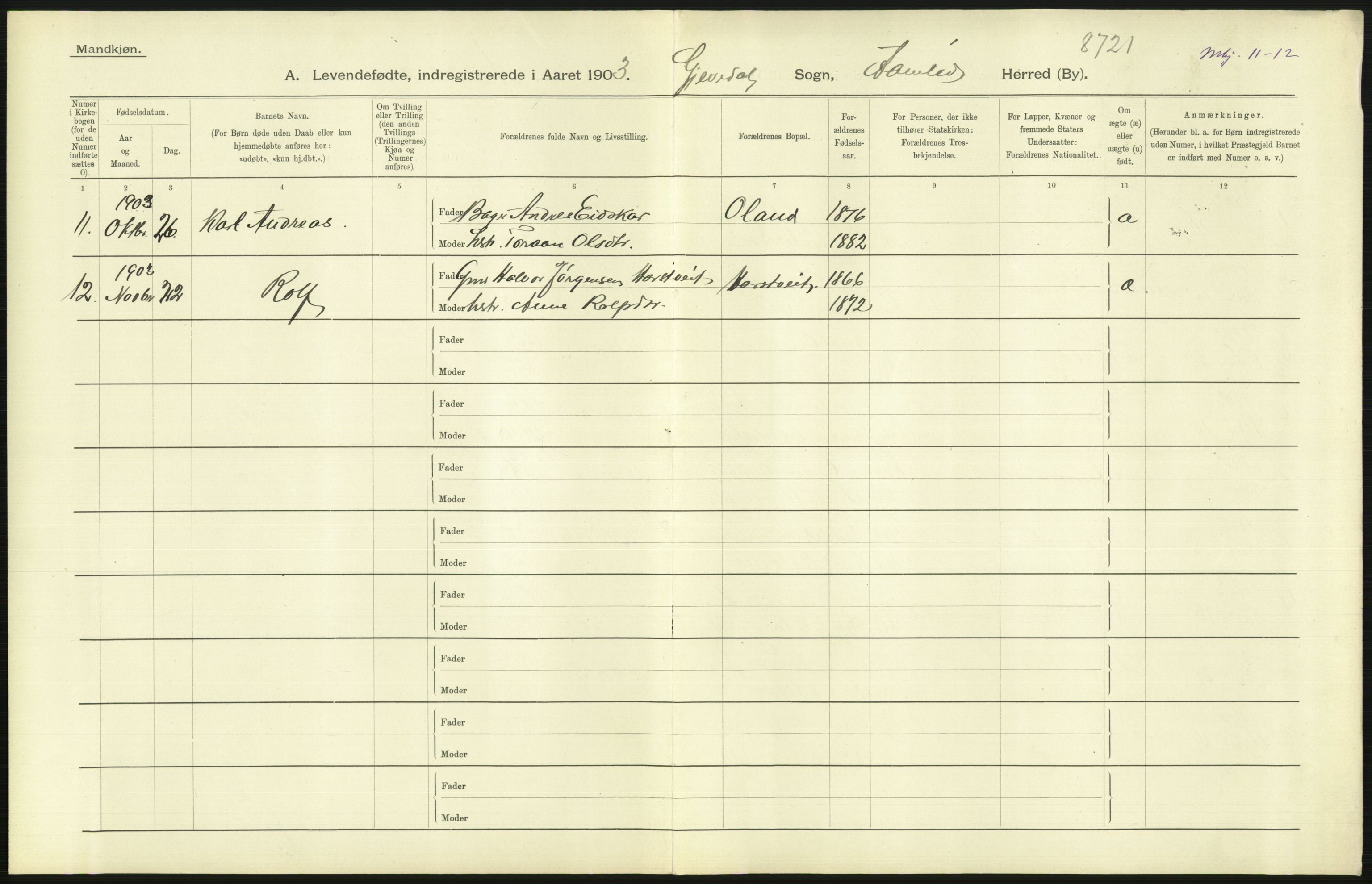 Statistisk sentralbyrå, Sosiodemografiske emner, Befolkning, AV/RA-S-2228/D/Df/Dfa/Dfaa/L0010: Nedenes amt: Fødte, gifte, døde, 1903, p. 39