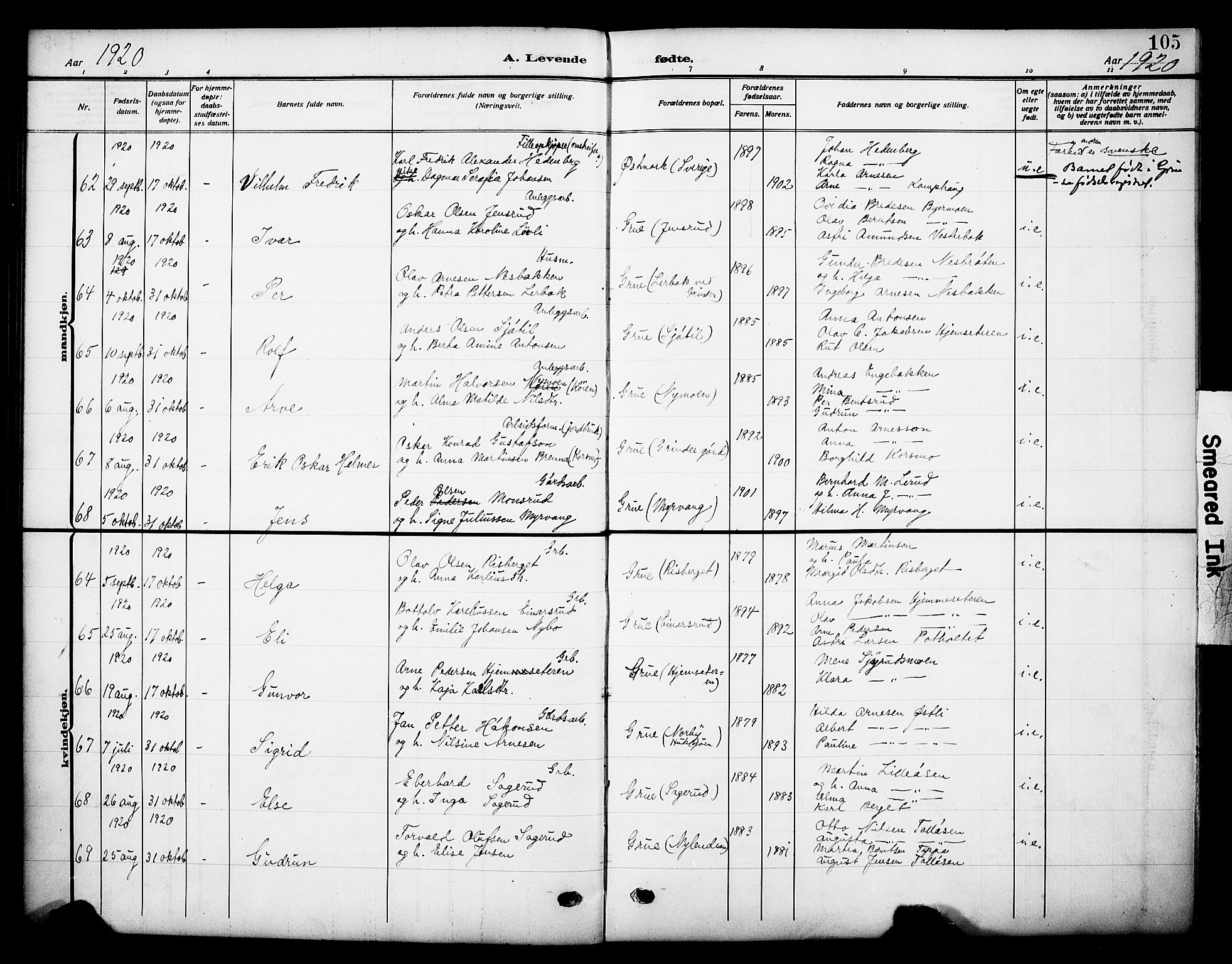 Grue prestekontor, AV/SAH-PREST-036/H/Ha/Haa/L0015: Parish register (official) no. 15, 1911-1922, p. 105