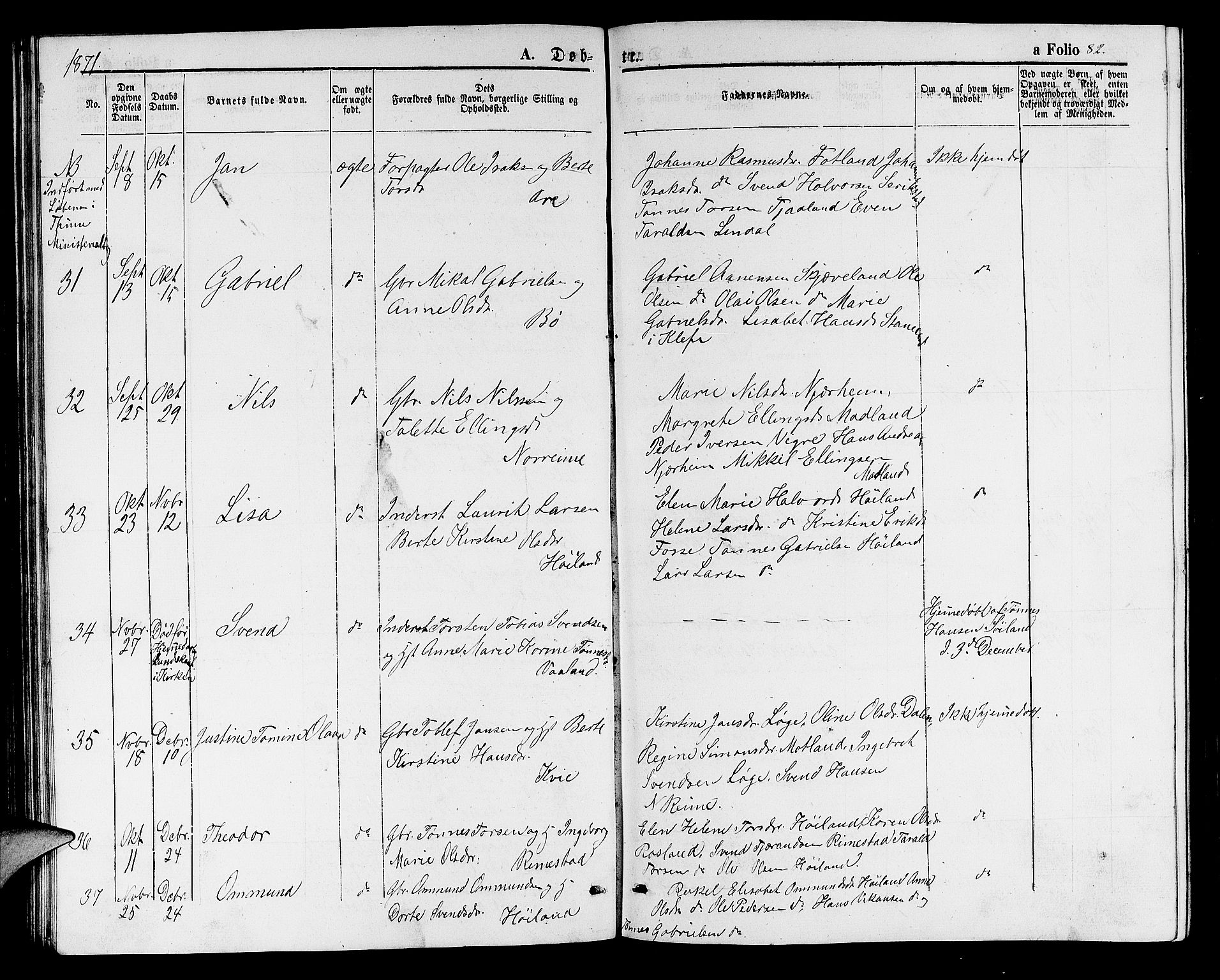 Hå sokneprestkontor, SAST/A-101801/001/30BB/L0001: Parish register (copy) no. B 1, 1854-1883, p. 82