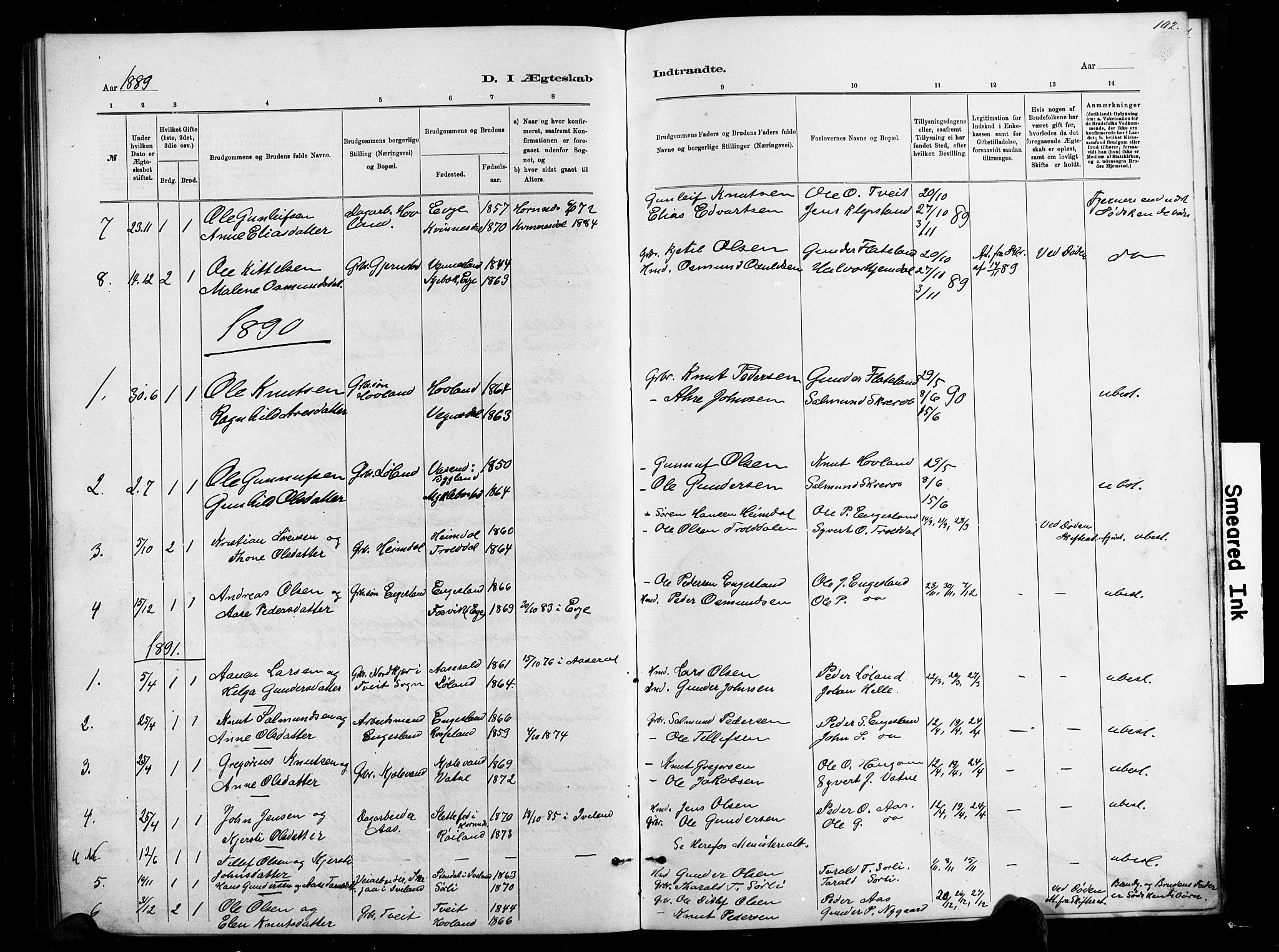 Herefoss sokneprestkontor, SAK/1111-0019/F/Fb/Fbb/L0002: Parish register (copy) no. B 2, 1879-1894, p. 102