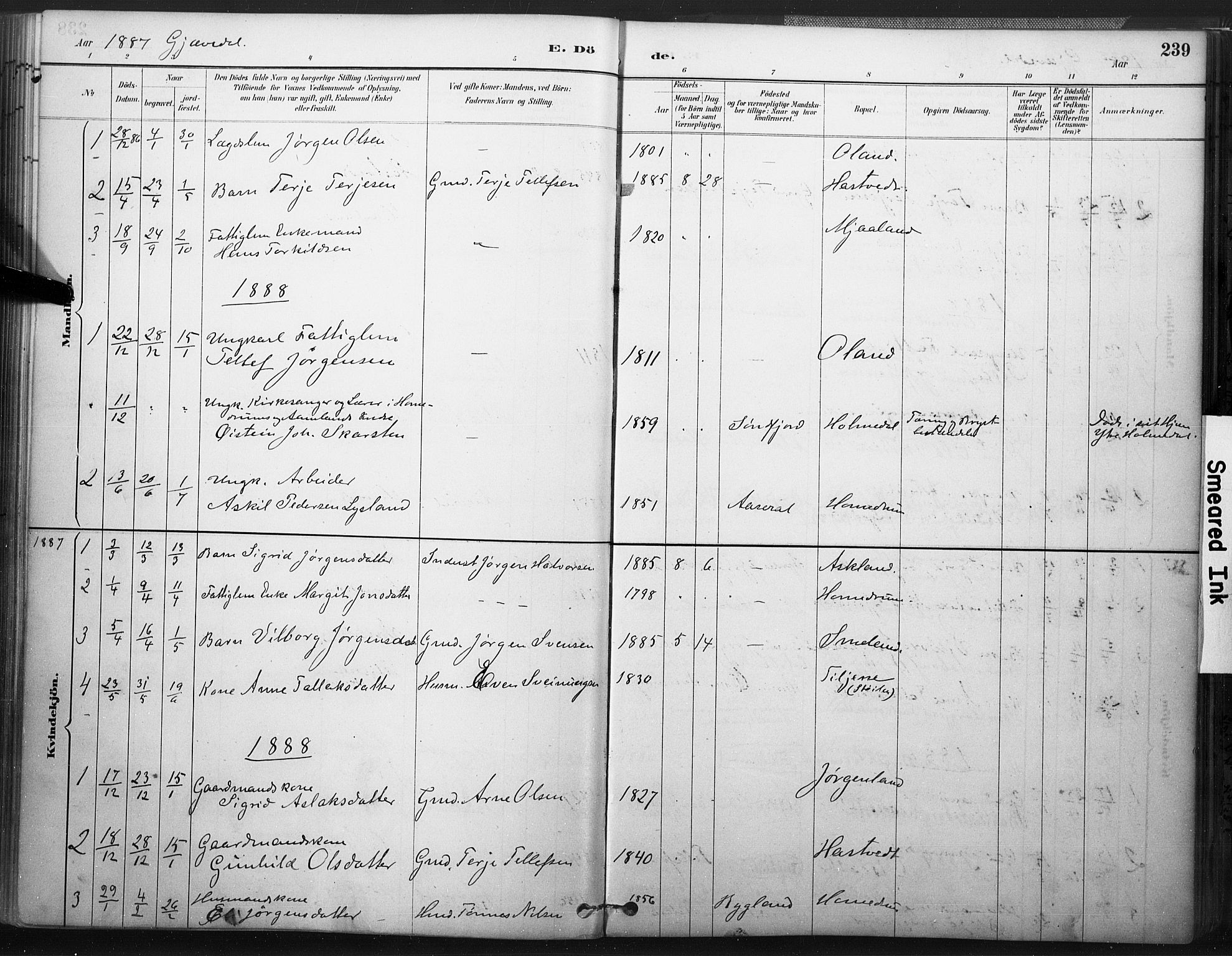 Åmli sokneprestkontor, AV/SAK-1111-0050/F/Fa/Fac/L0010: Parish register (official) no. A 10 /2, 1885-1899, p. 239