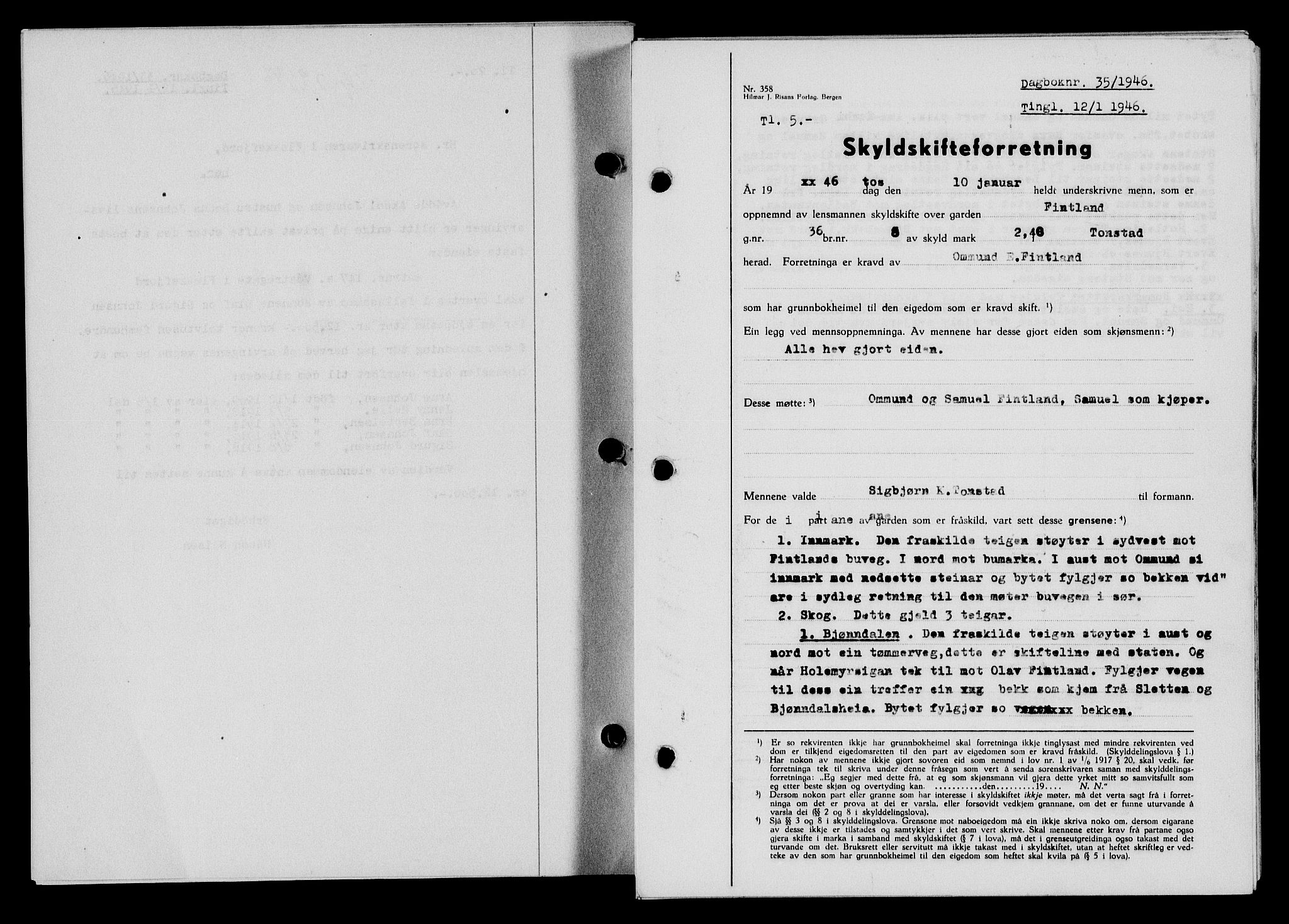 Flekkefjord sorenskriveri, AV/SAK-1221-0001/G/Gb/Gba/L0060: Mortgage book no. A-8, 1945-1946, Diary no: : 35/1946