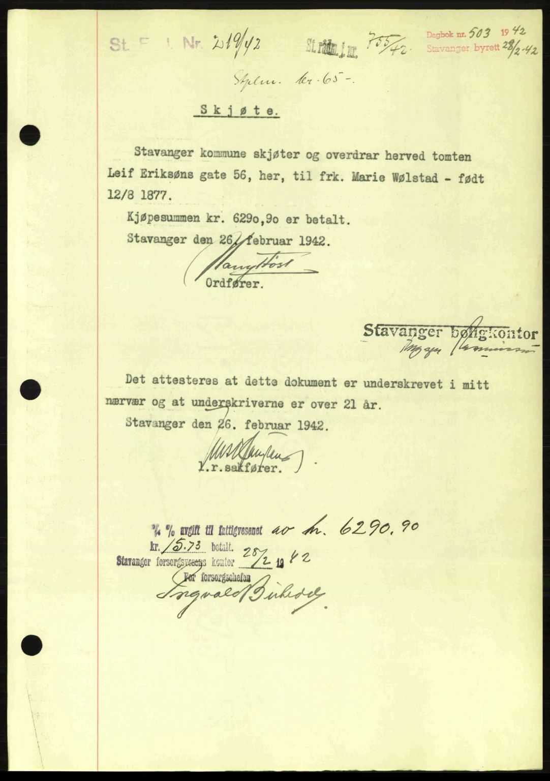 Stavanger byrett, SAST/A-100455/002/G/Gb/L0017: Mortgage book no. A7, 1941-1943, Diary no: : 503/1942