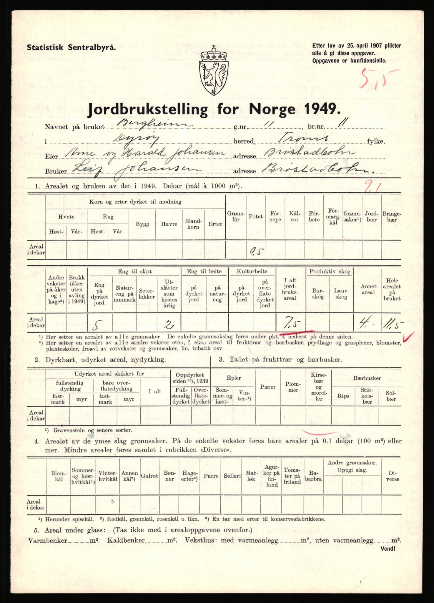 Statistisk sentralbyrå, Næringsøkonomiske emner, Jordbruk, skogbruk, jakt, fiske og fangst, AV/RA-S-2234/G/Gc/L0440: Troms: Sørreisa og Dyrøy, 1949, p. 964