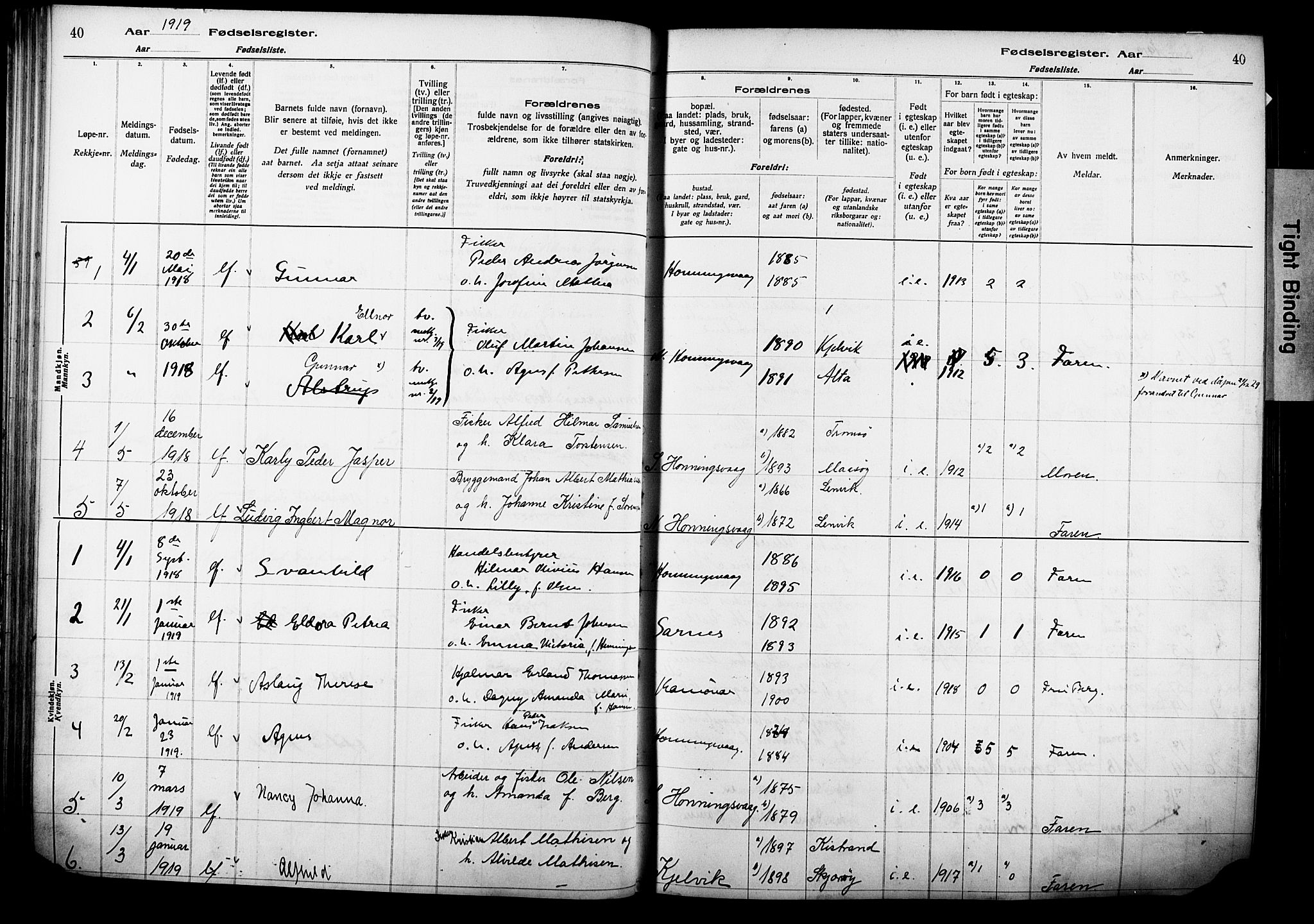 Kjelvik/Nordkapp sokneprestkontor, AV/SATØ-S-1350/I/Ia/L0015: Birth register no. 15, 1916-1930, p. 40