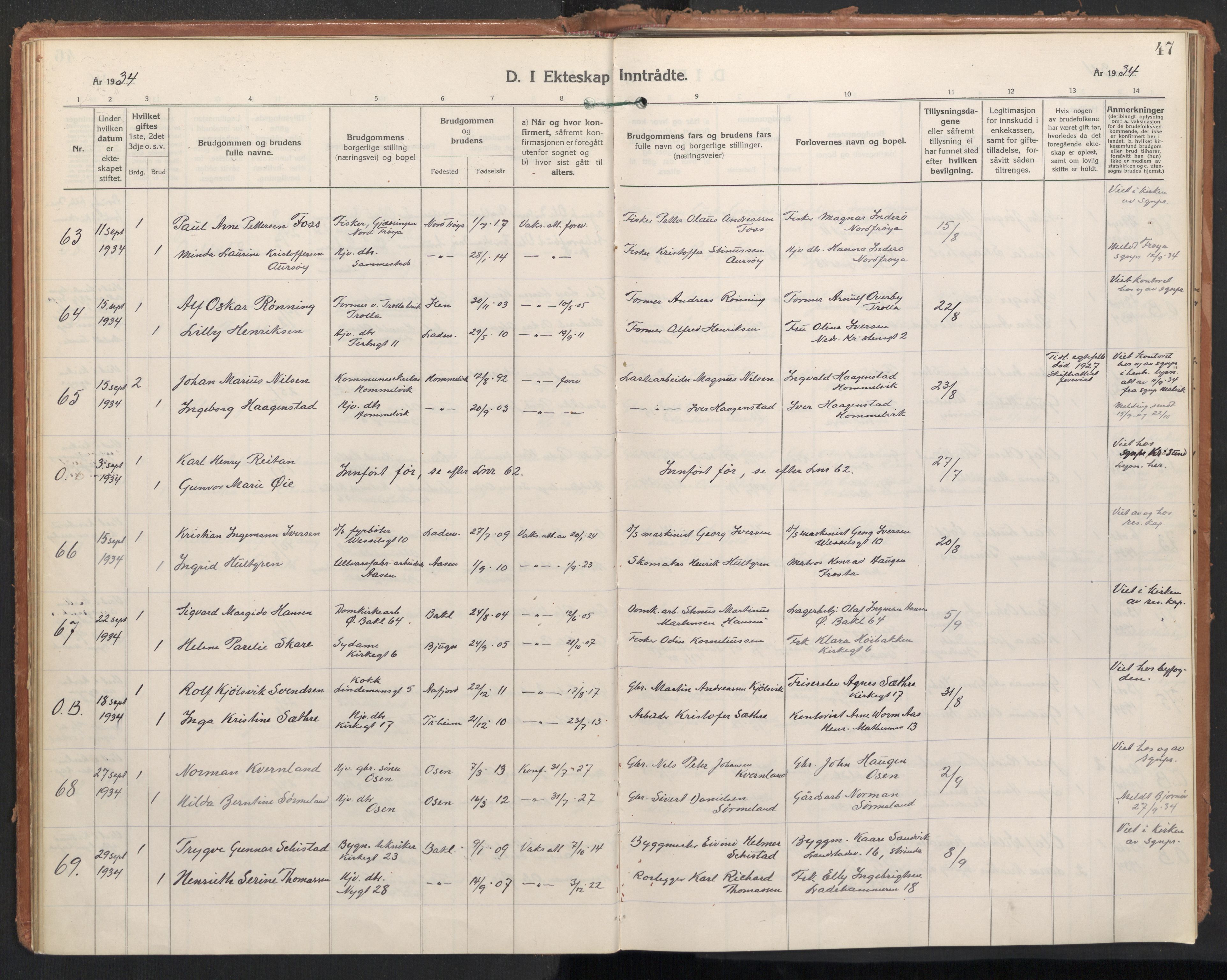 Ministerialprotokoller, klokkerbøker og fødselsregistre - Sør-Trøndelag, AV/SAT-A-1456/604/L0209: Parish register (official) no. 604A29, 1931-1945, p. 47