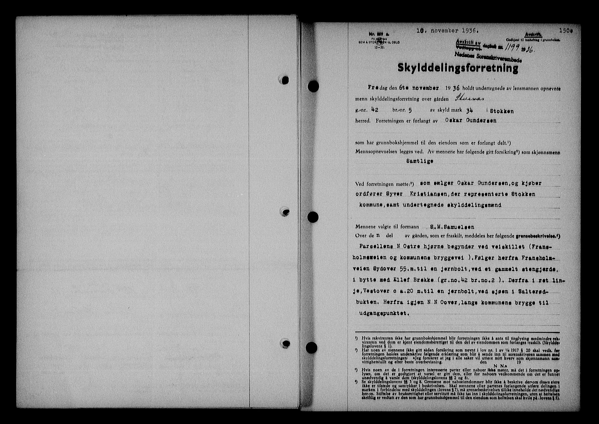 Nedenes sorenskriveri, SAK/1221-0006/G/Gb/Gba/L0043: Mortgage book no. 39, 1936-1937, Diary no: : 1199/1936
