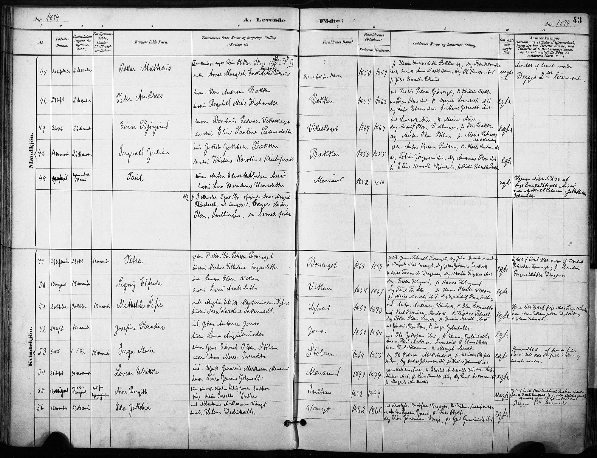 Ministerialprotokoller, klokkerbøker og fødselsregistre - Sør-Trøndelag, SAT/A-1456/640/L0579: Parish register (official) no. 640A04, 1889-1902, p. 43
