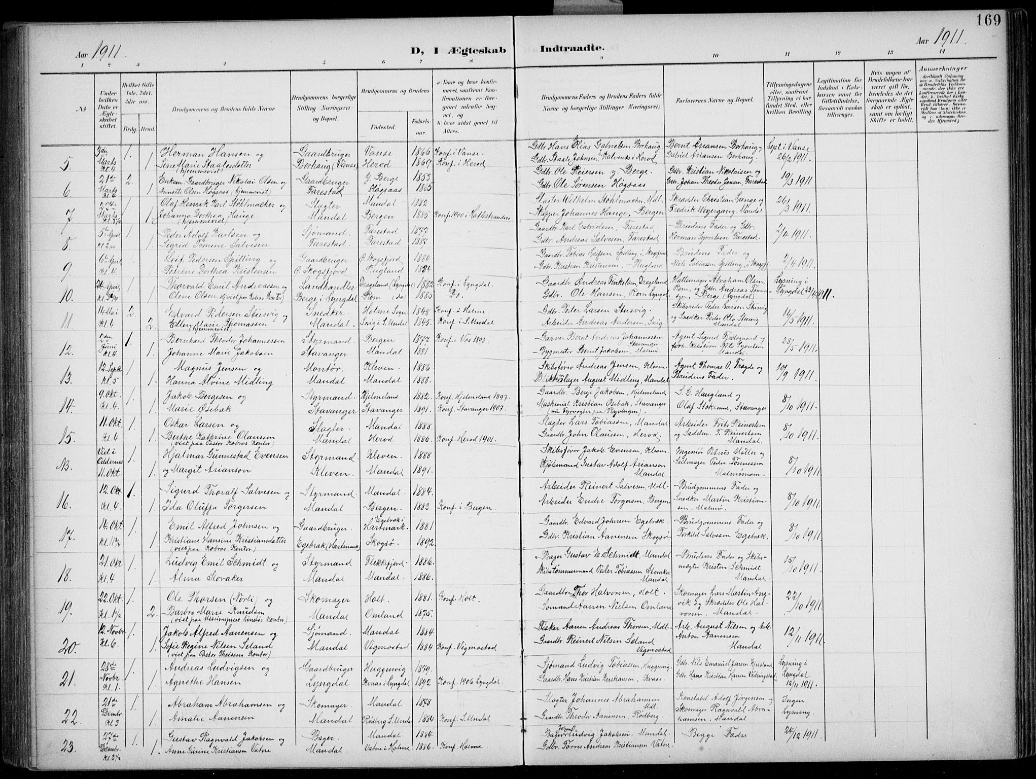 Mandal sokneprestkontor, SAK/1111-0030/F/Fb/Fba/L0012: Parish register (copy) no. B 6, 1899-1918, p. 169