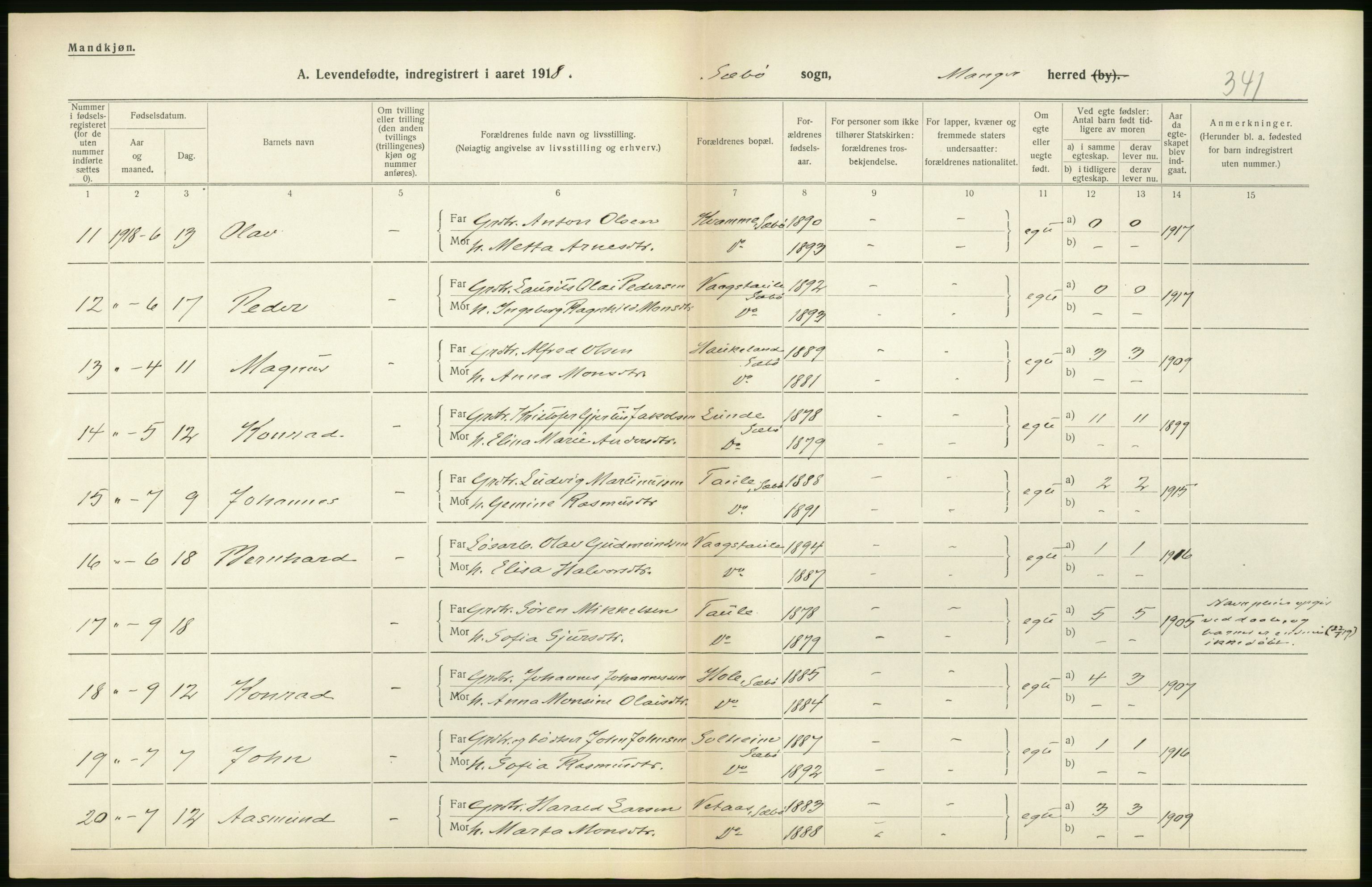 Statistisk sentralbyrå, Sosiodemografiske emner, Befolkning, AV/RA-S-2228/D/Df/Dfb/Dfbh/L0035: Hordaland fylke: Levendefødte menn og kvinner, gifte, dødfødte. Bygder., 1918, p. 228