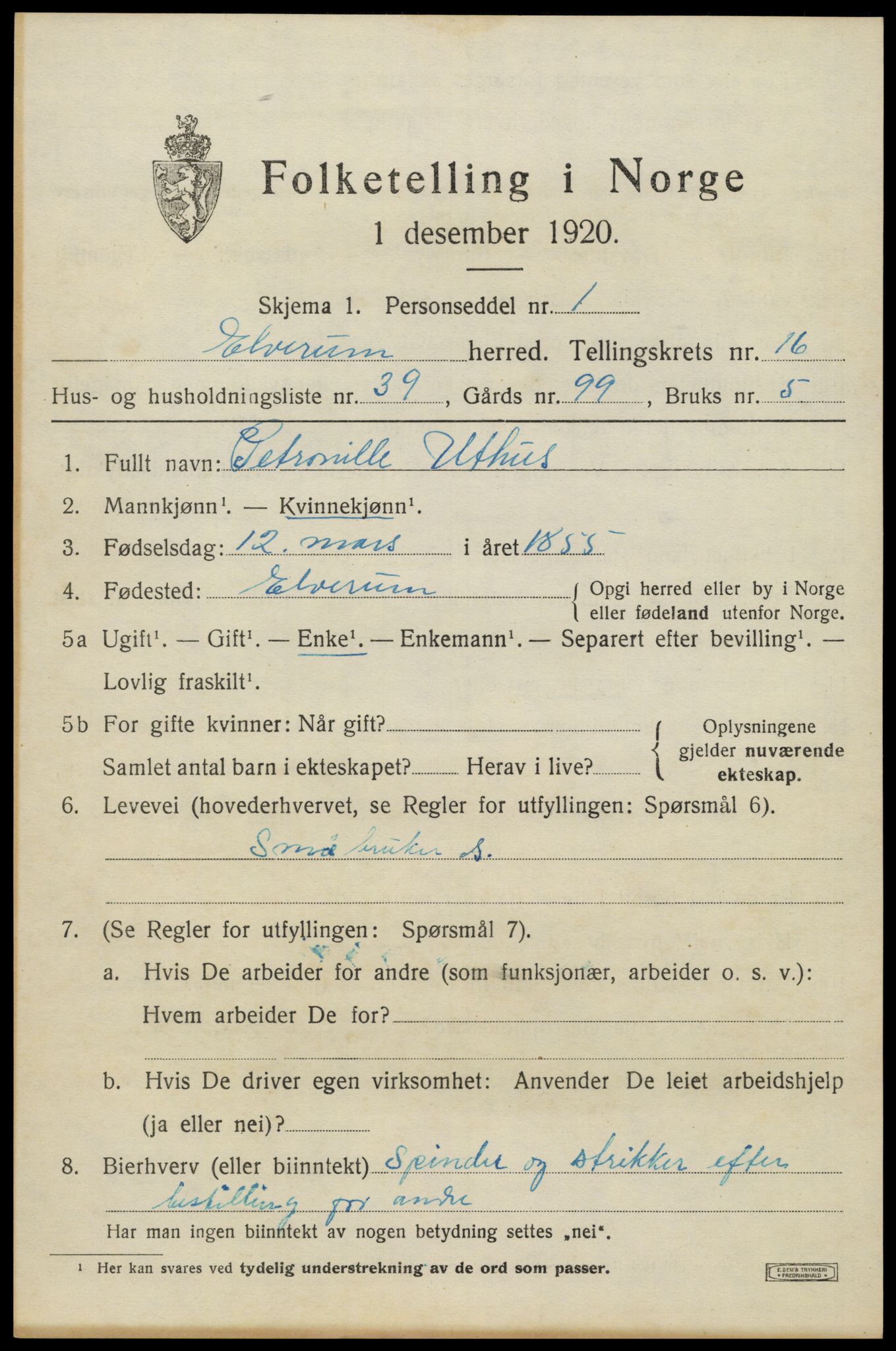 SAH, 1920 census for Elverum, 1920, p. 21218