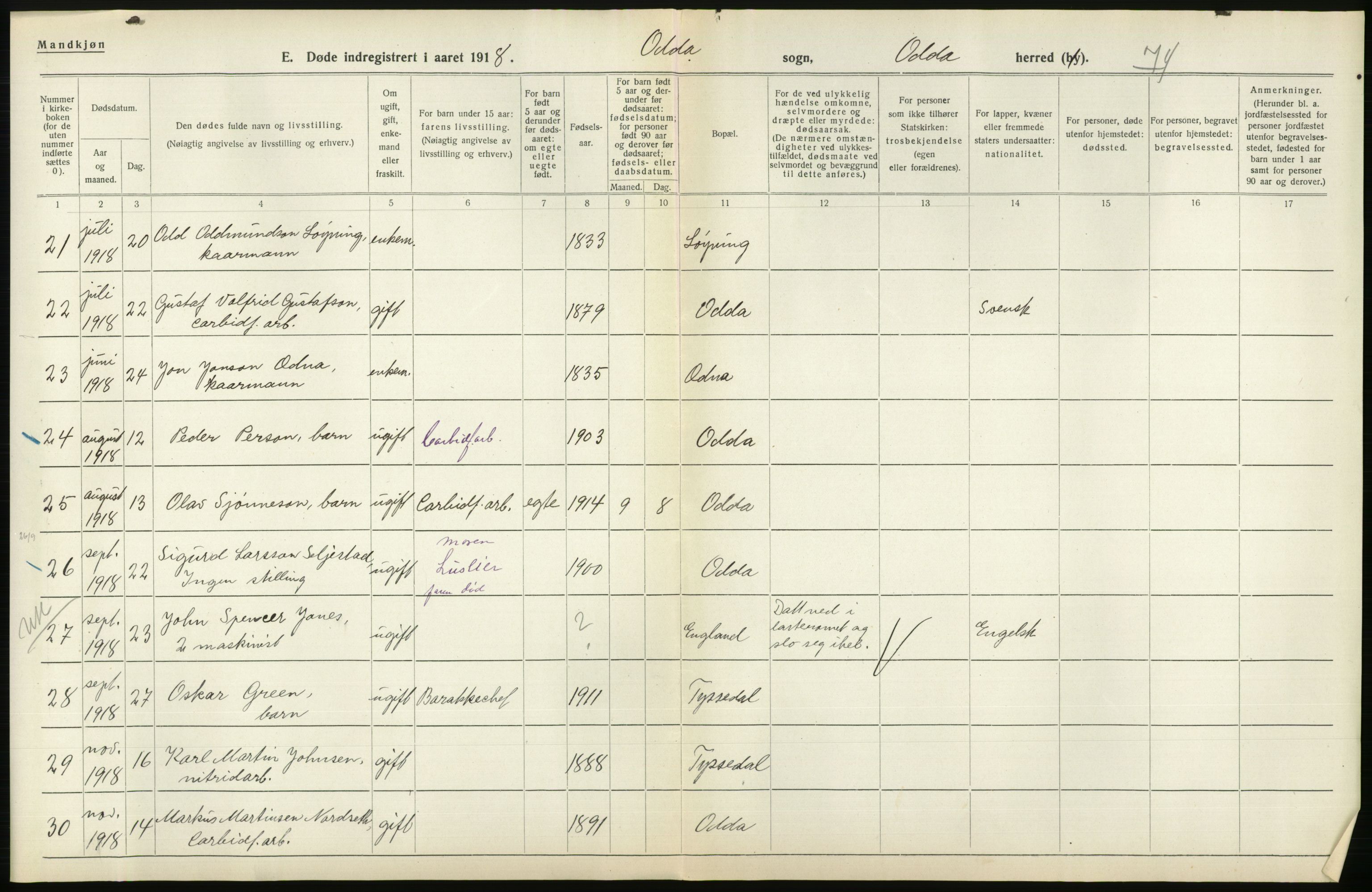 Statistisk sentralbyrå, Sosiodemografiske emner, Befolkning, AV/RA-S-2228/D/Df/Dfb/Dfbh/L0036: Hordaland fylke: Døde., 1918, p. 306