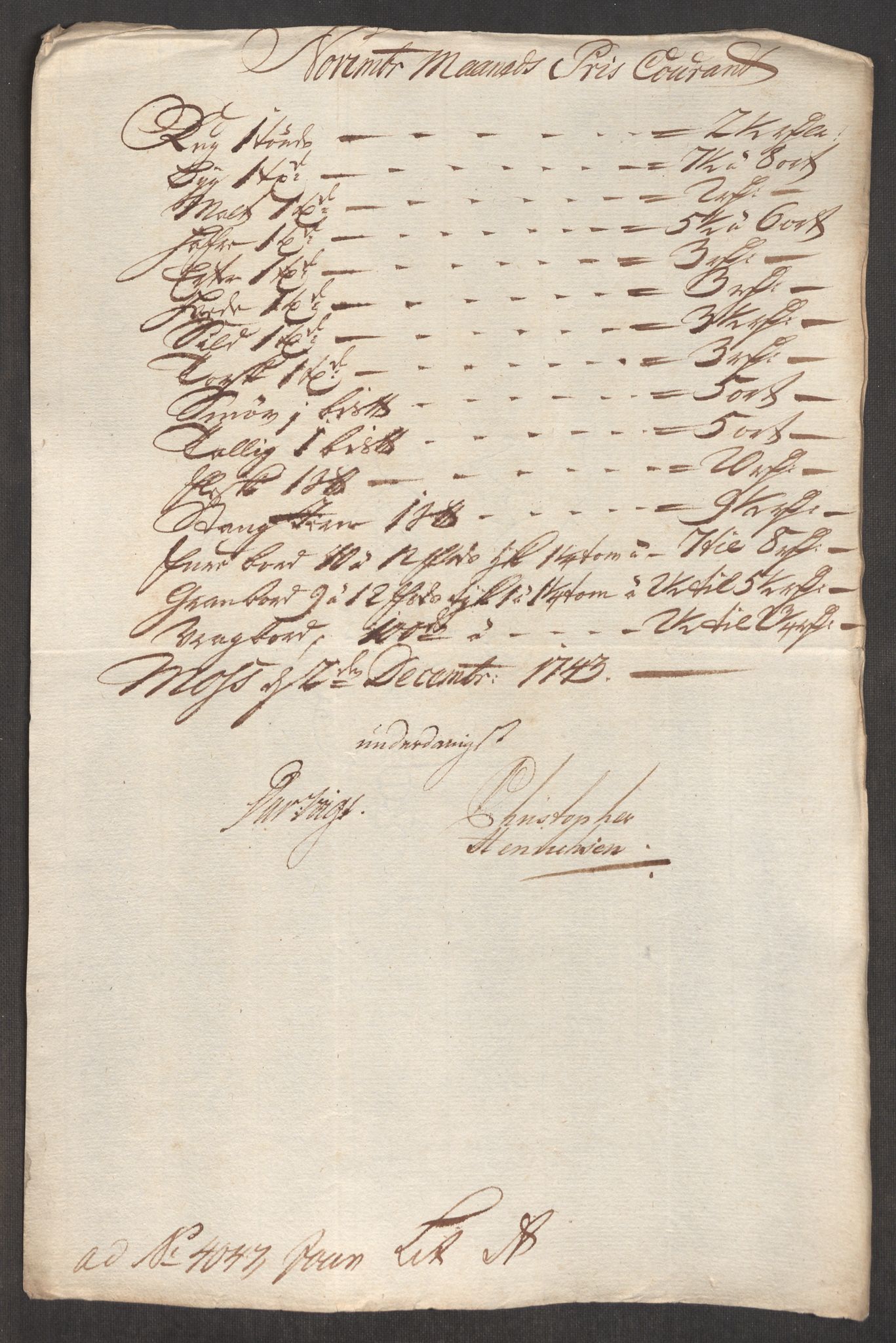 Rentekammeret inntil 1814, Realistisk ordnet avdeling, RA/EA-4070/Oe/L0002: [Ø1]: Priskuranter, 1740-1744, p. 639