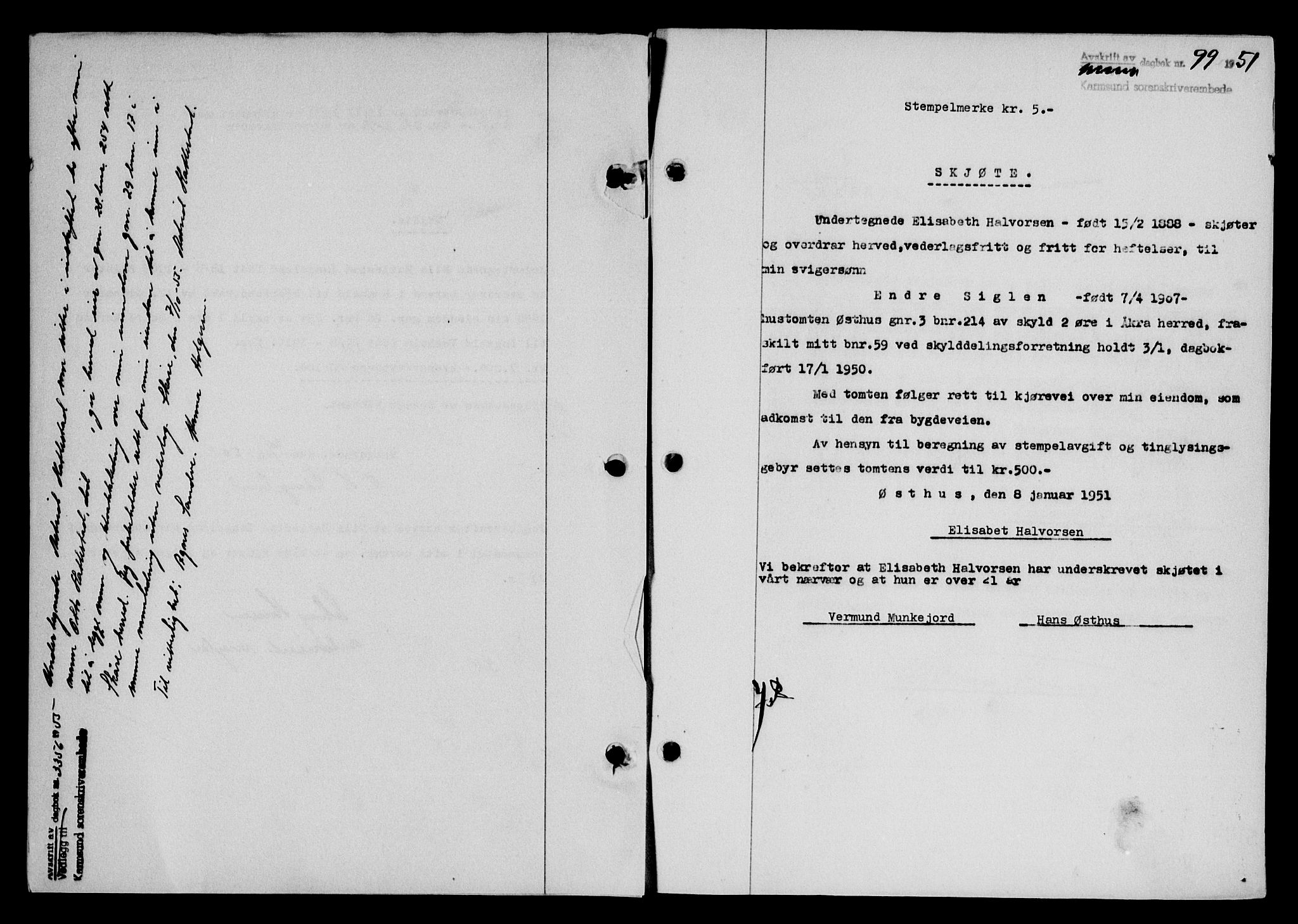 Karmsund sorenskriveri, SAST/A-100311/01/II/IIB/L0101: Mortgage book no. 81A, 1950-1951, Diary no: : 99/1951