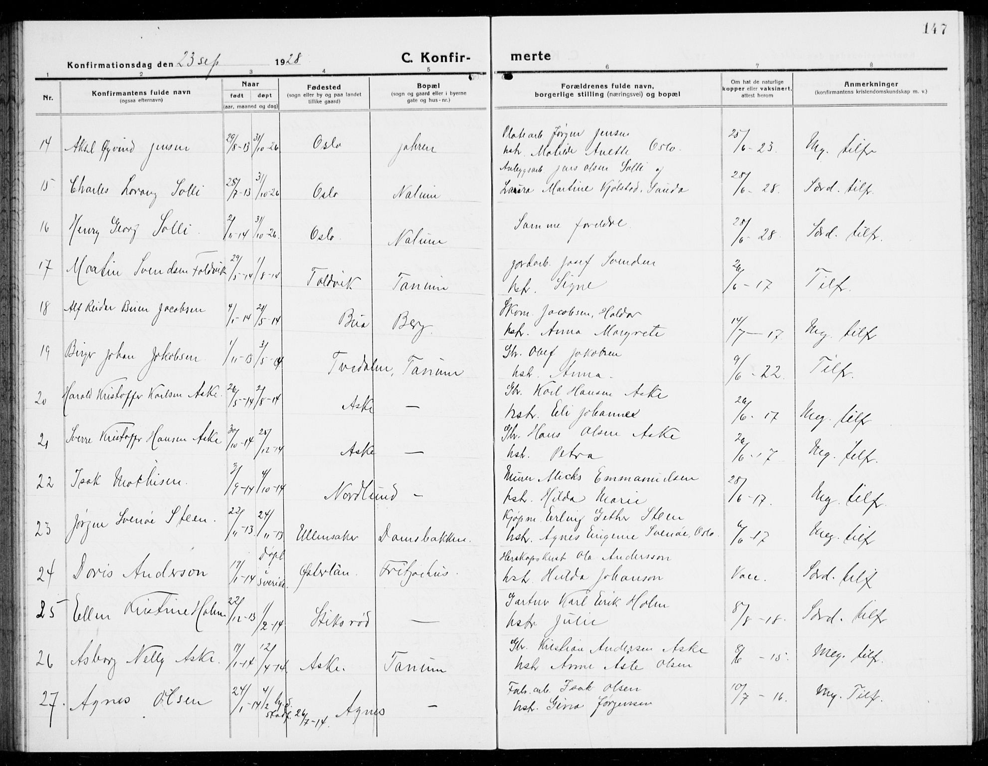 Brunlanes kirkebøker, SAKO/A-342/G/Ga/L0005: Parish register (copy) no. I 5, 1918-1941, p. 147