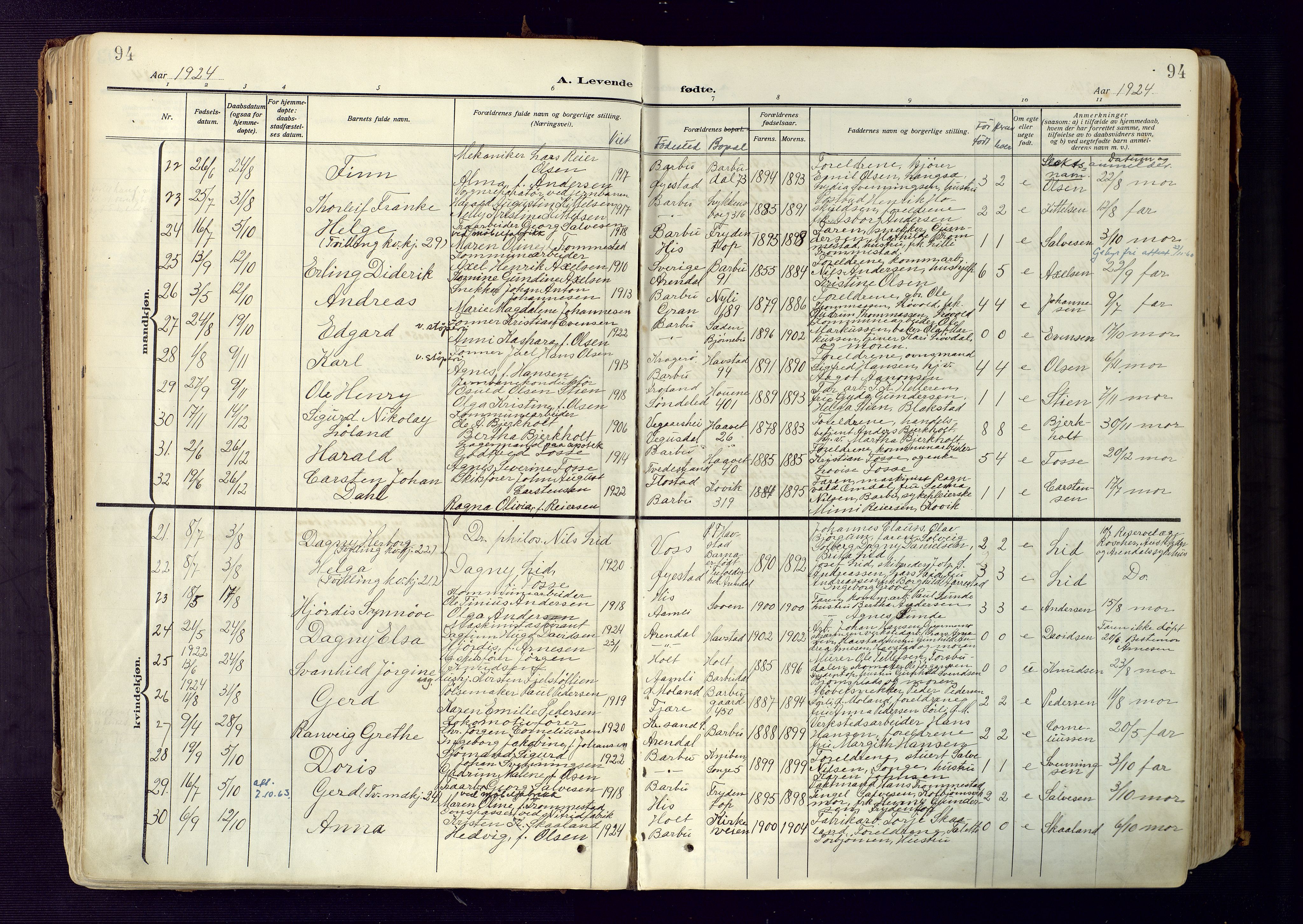 Barbu sokneprestkontor, SAK/1111-0003/F/Fa/L0006: Parish register (official) no. A 6, 1910-1929, p. 94