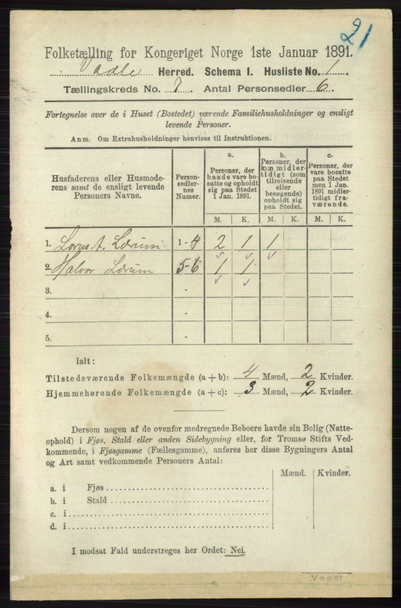 RA, 1891 census for 0716 Våle, 1891, p. 2304