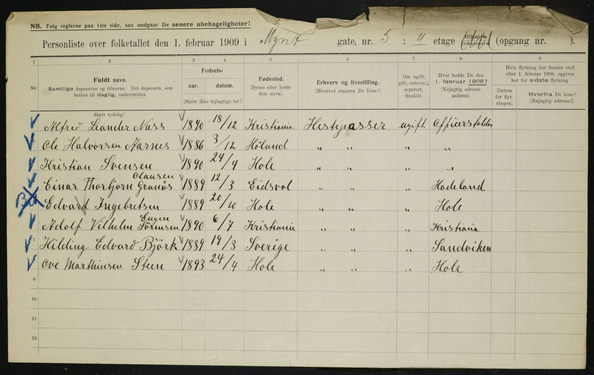 OBA, Municipal Census 1909 for Kristiania, 1909, p. 61913