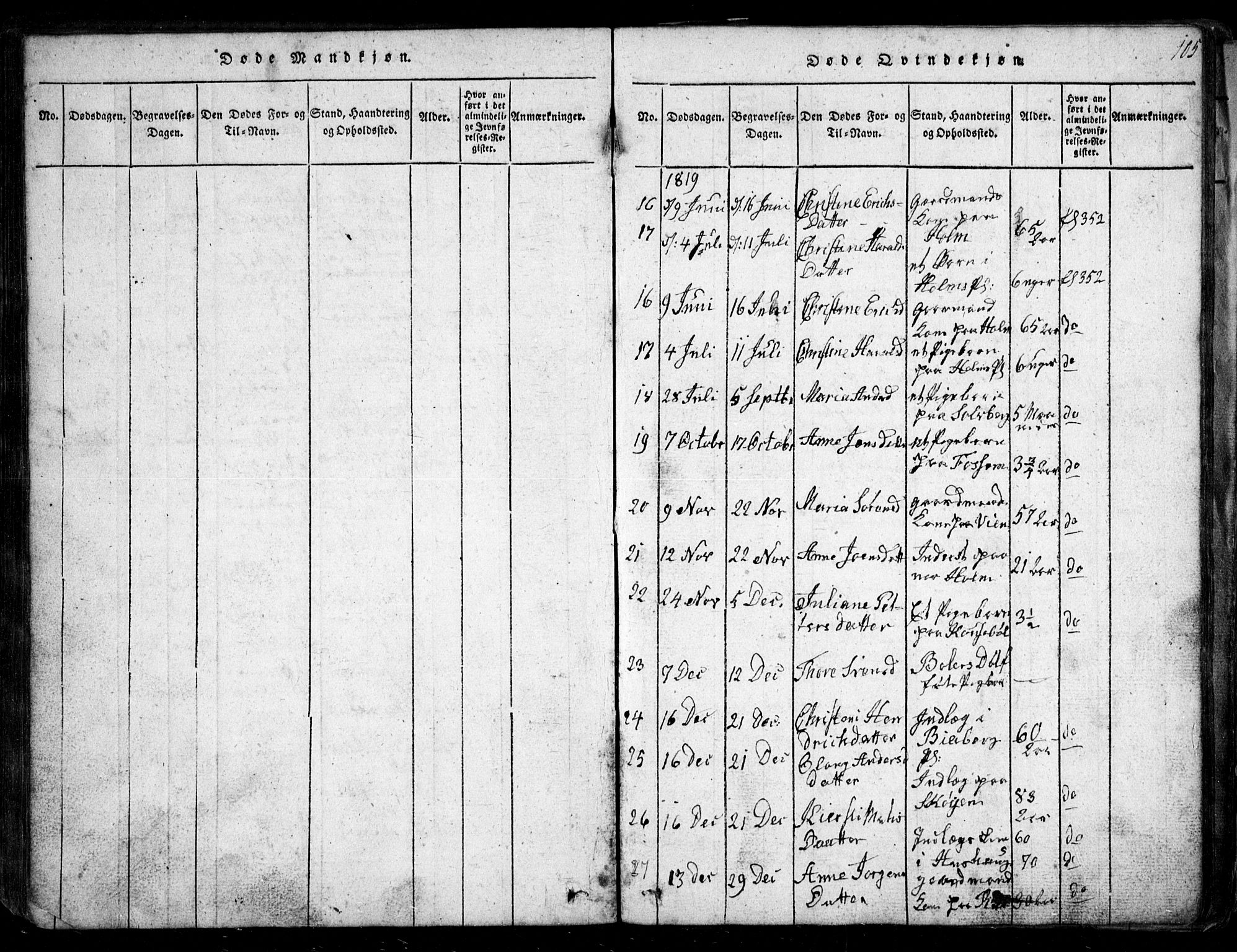 Spydeberg prestekontor Kirkebøker, AV/SAO-A-10924/G/Ga/L0001: Parish register (copy) no. I 1, 1814-1868, p. 105