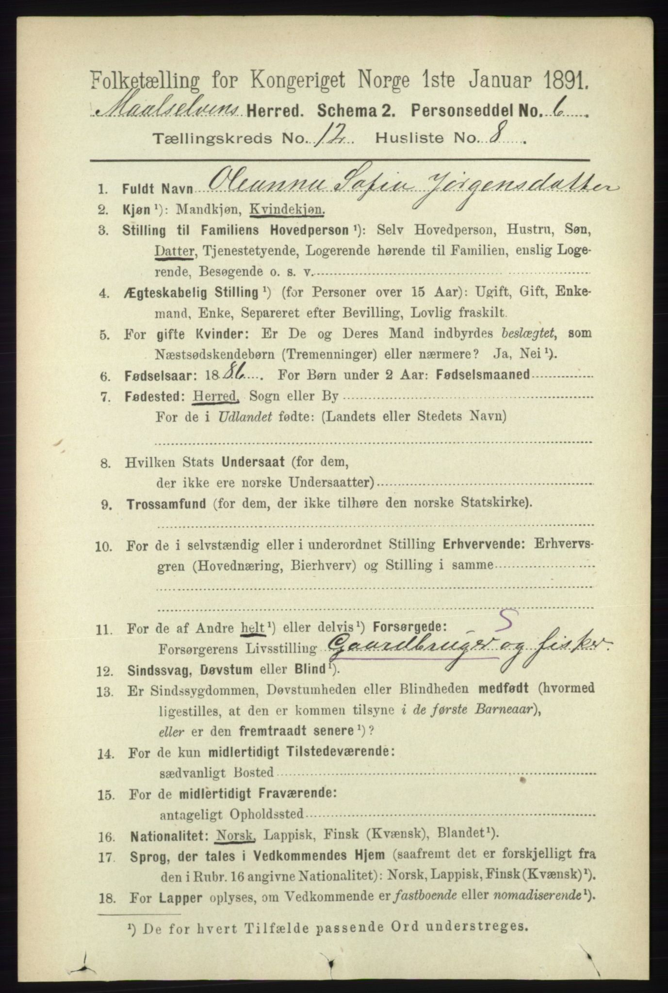 RA, 1891 census for 1924 Målselv, 1891, p. 3840