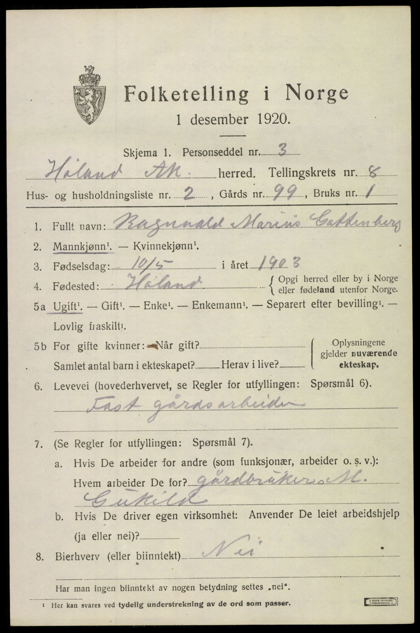 SAO, 1920 census for Høland, 1920, p. 9687