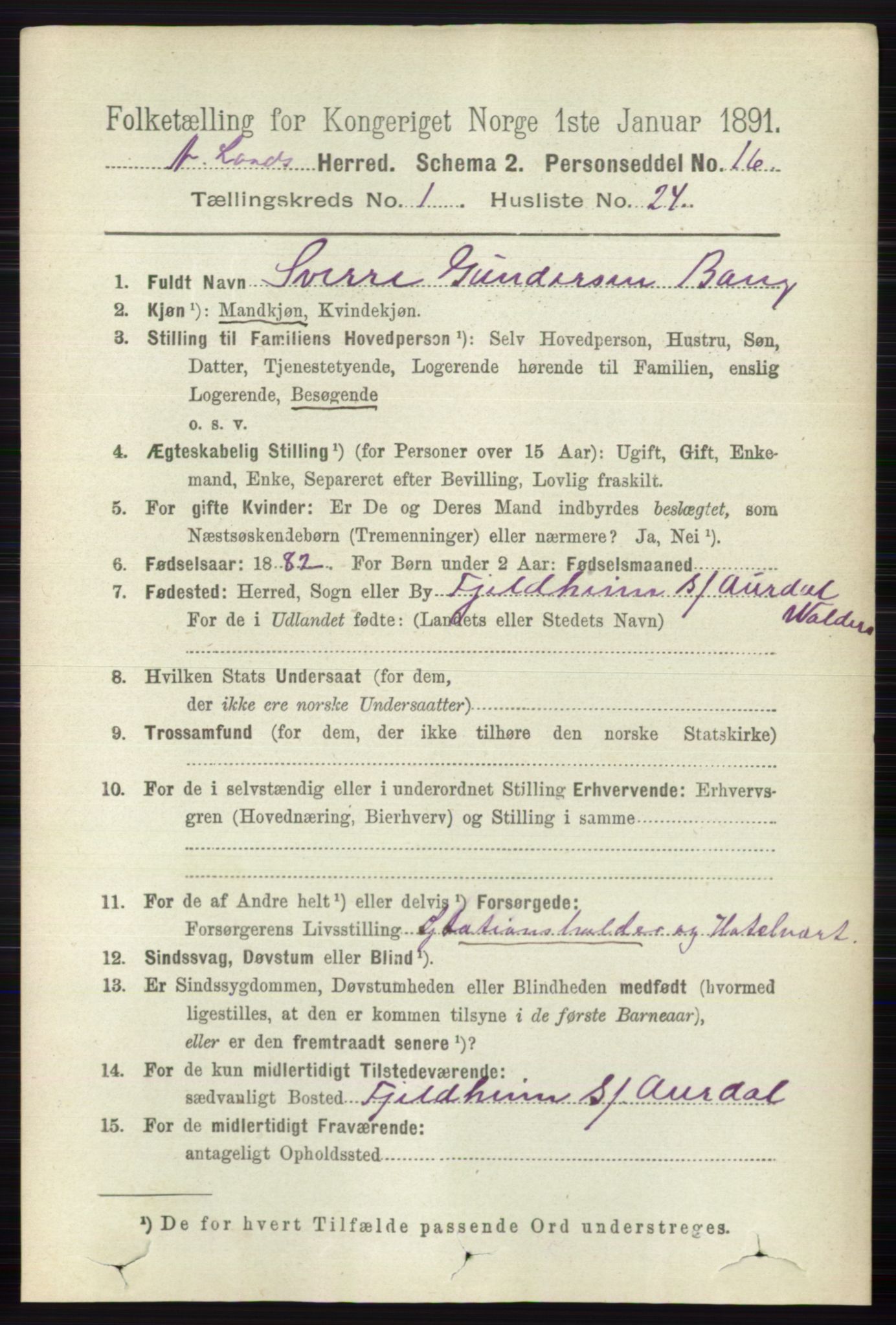 RA, 1891 census for 0538 Nordre Land, 1891, p. 263