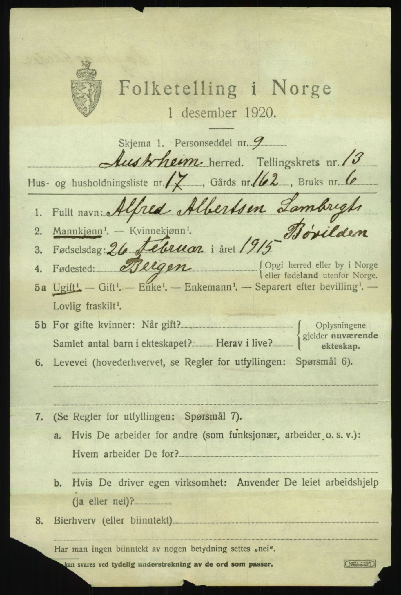 SAB, 1920 census for Austrheim, 1920, p. 4722