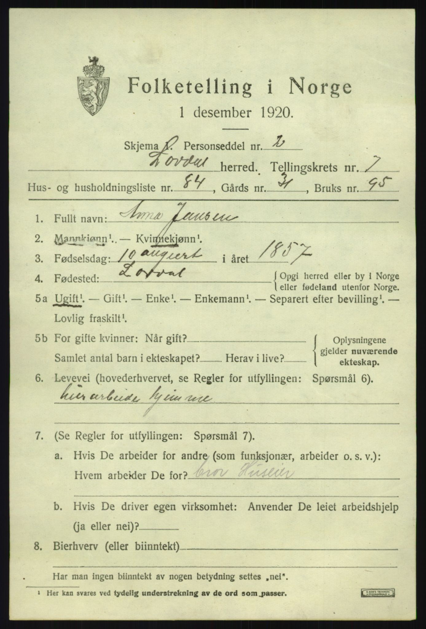 SAB, 1920 census for Lærdal, 1920, p. 3942