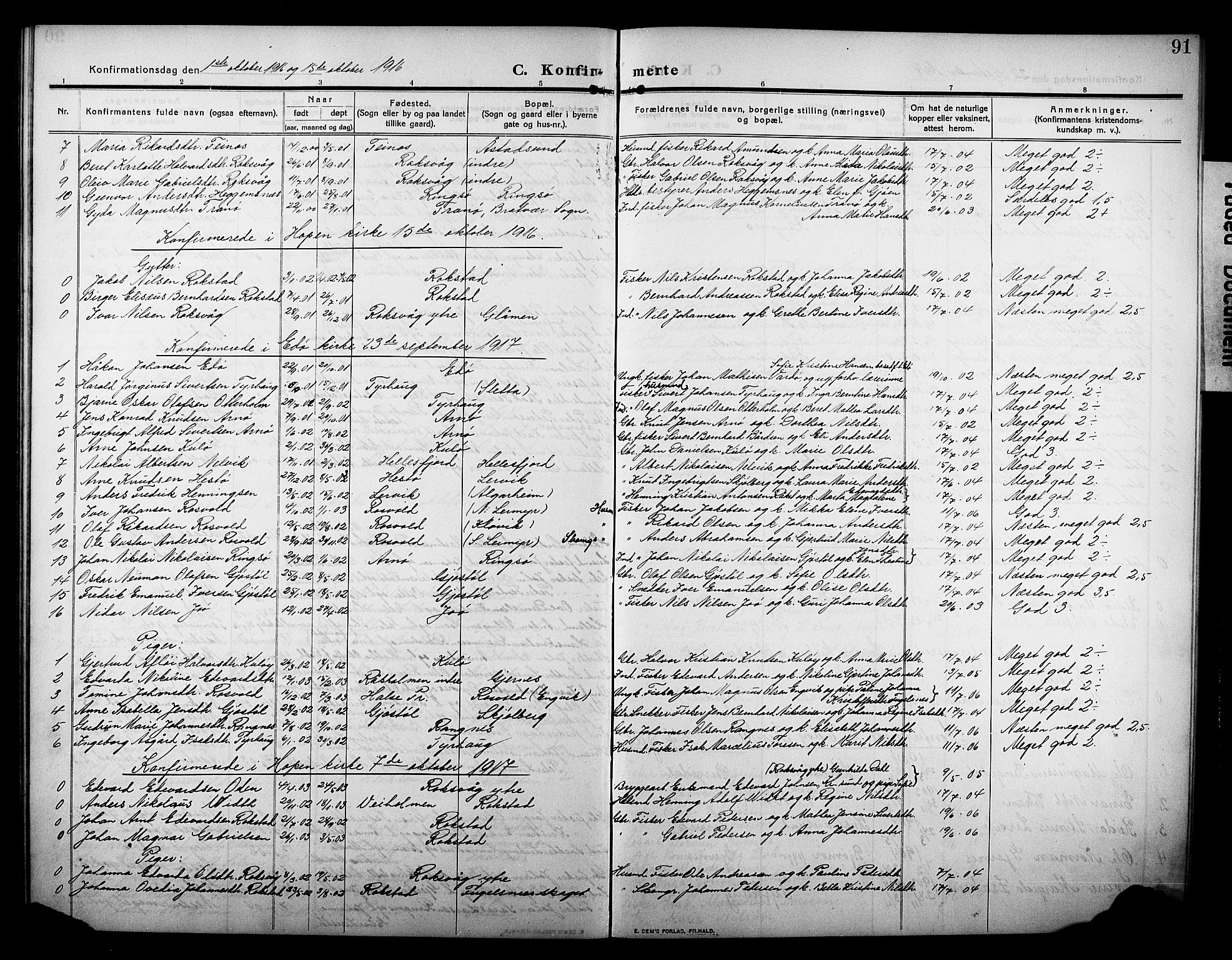 Ministerialprotokoller, klokkerbøker og fødselsregistre - Møre og Romsdal, AV/SAT-A-1454/581/L0943: Parish register (copy) no. 581C01, 1909-1931, p. 91