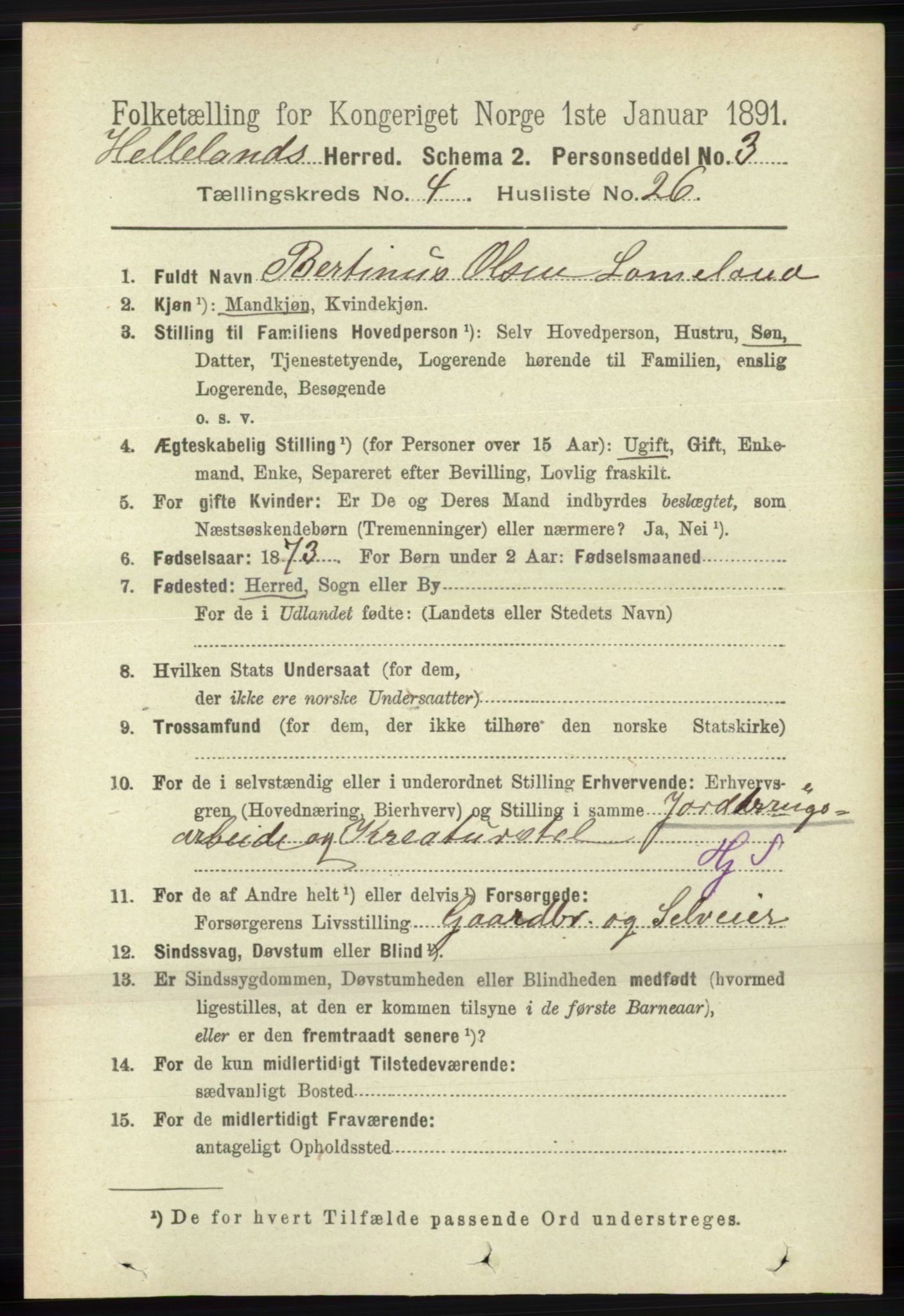 RA, 1891 census for 1115 Helleland, 1891, p. 1318