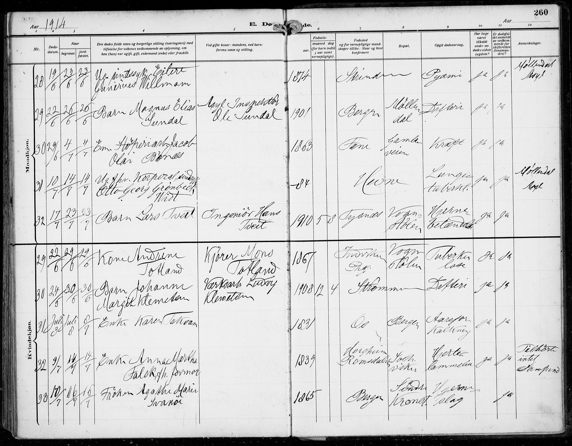 Årstad Sokneprestembete, AV/SAB-A-79301/H/Haa/L0009: Parish register (official) no. C 1, 1902-1918, p. 260