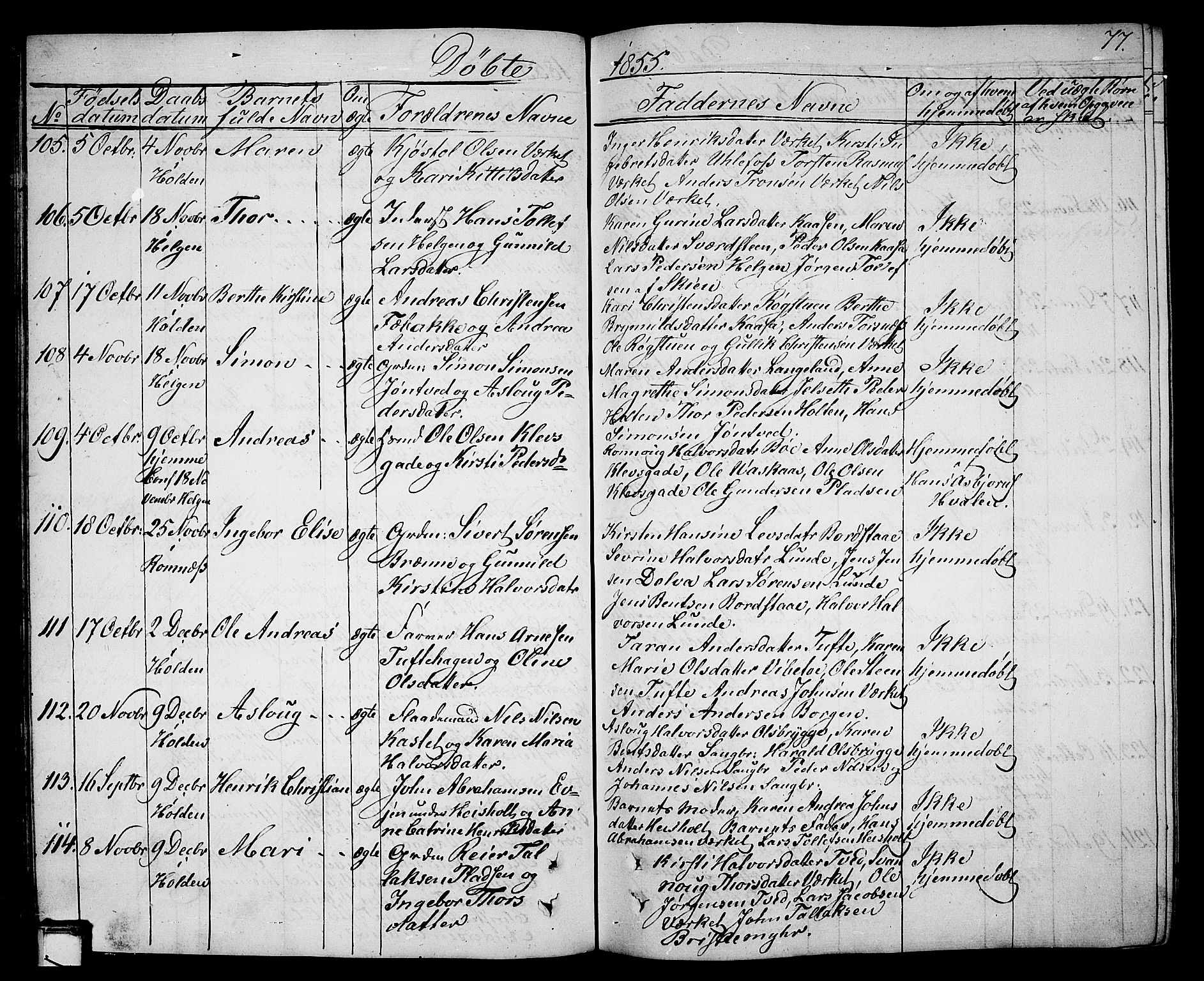 Holla kirkebøker, AV/SAKO-A-272/G/Ga/L0003: Parish register (copy) no. I 3, 1849-1866, p. 77