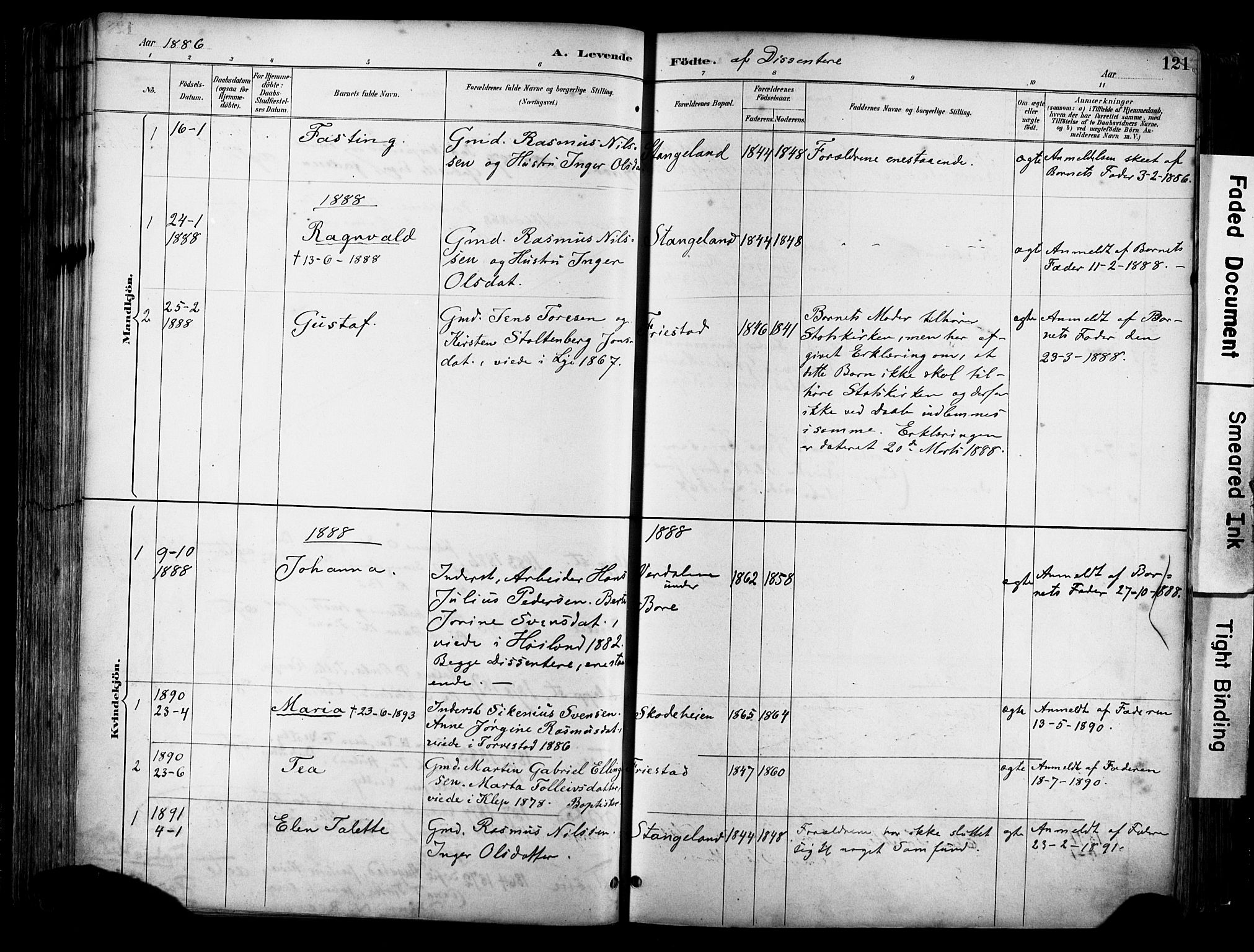 Klepp sokneprestkontor, SAST/A-101803/001/3/30BA/L0009: Parish register (official) no. A 7, 1886-1915, p. 121
