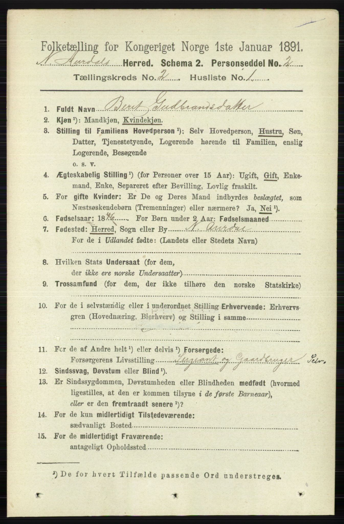 RA, 1891 census for 0542 Nord-Aurdal, 1891, p. 593