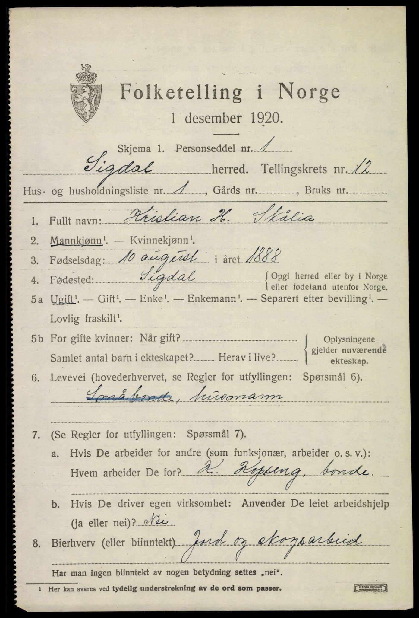 SAKO, 1920 census for Sigdal, 1920, p. 7638