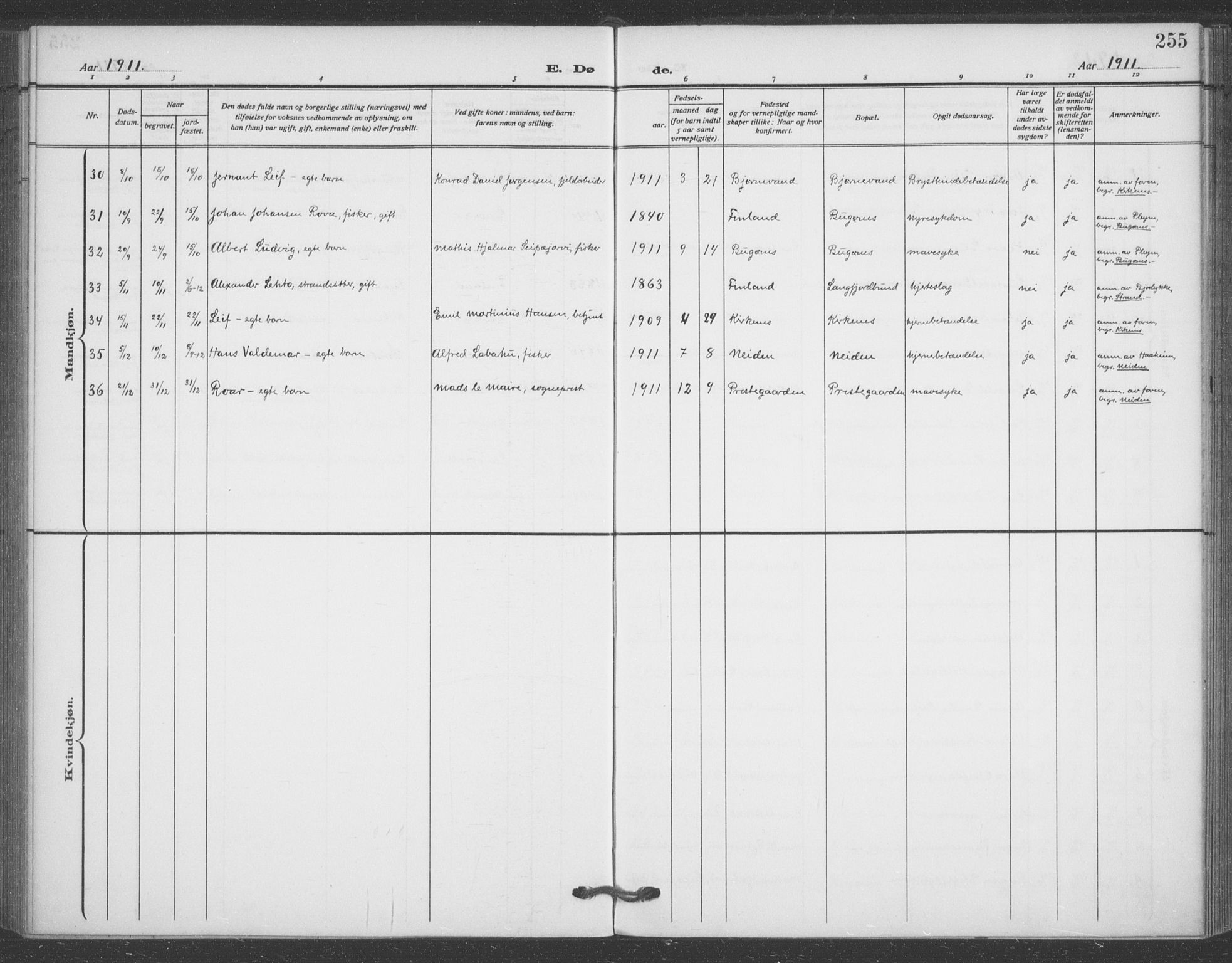 Sør-Varanger sokneprestkontor, AV/SATØ-S-1331/H/Ha/L0005kirke: Parish register (official) no. 5, 1909-1919, p. 255