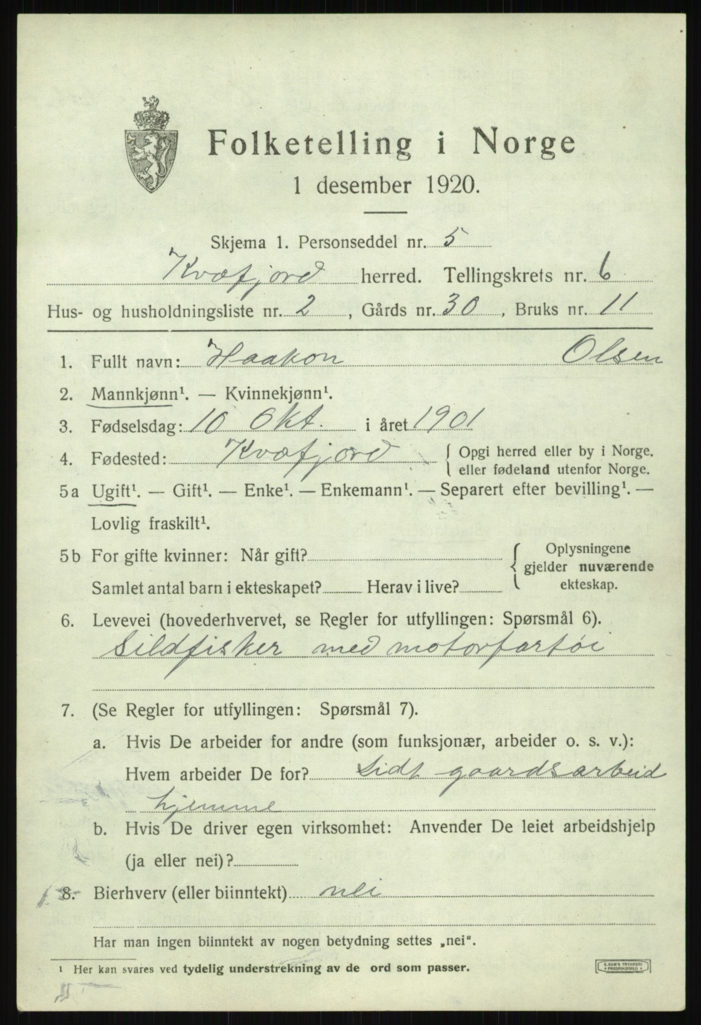 SATØ, 1920 census for Kvæfjord, 1920, p. 3141